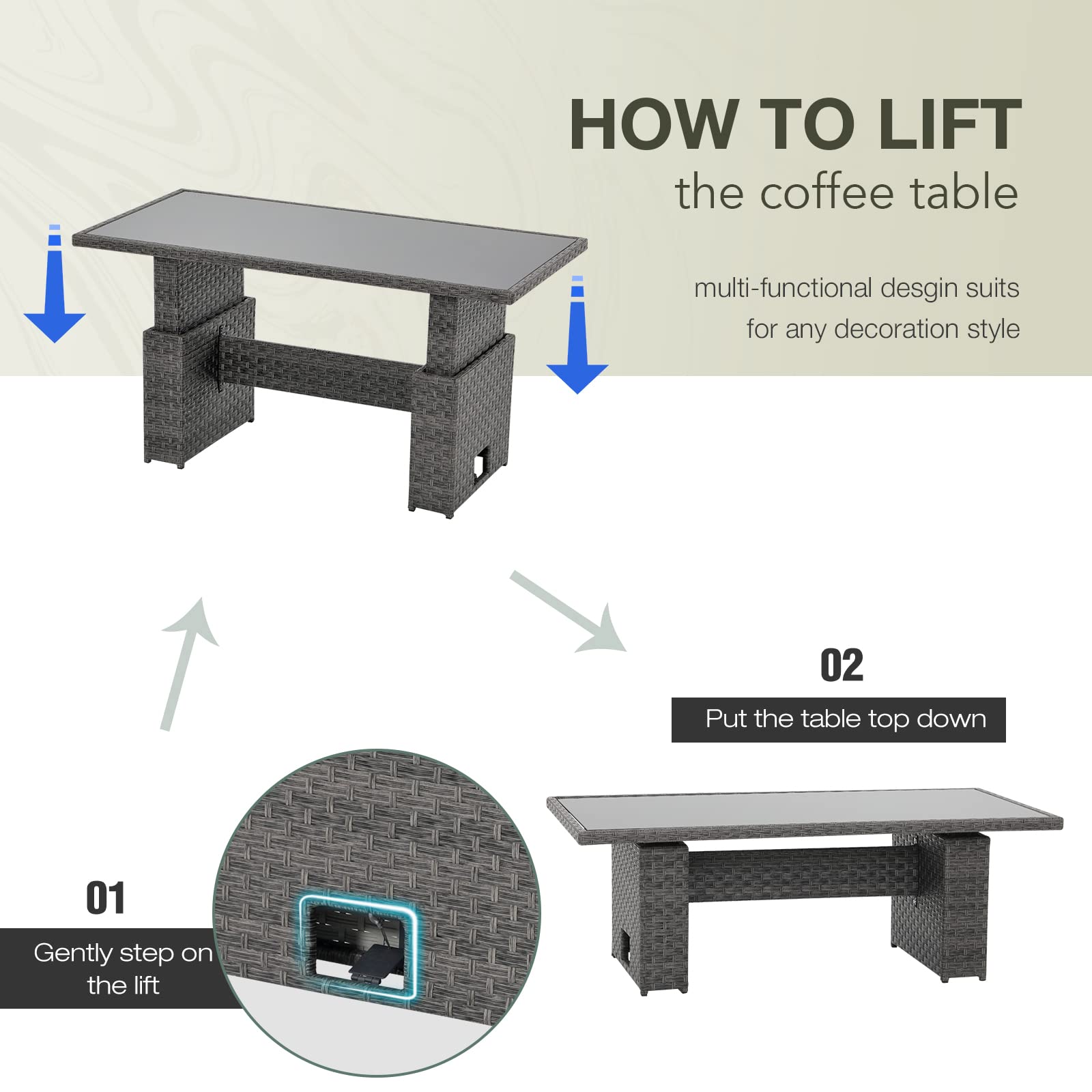 Outdoor Patio Lift Dining Table - Rectangle Wicker Coffee Table with Tempered Glass Top | Multi-Function Furniture for Backyard, Deck, Garden | Grey | Perfect for Outdoor Entertaining, Poolside Lounging & Alfresco Dining