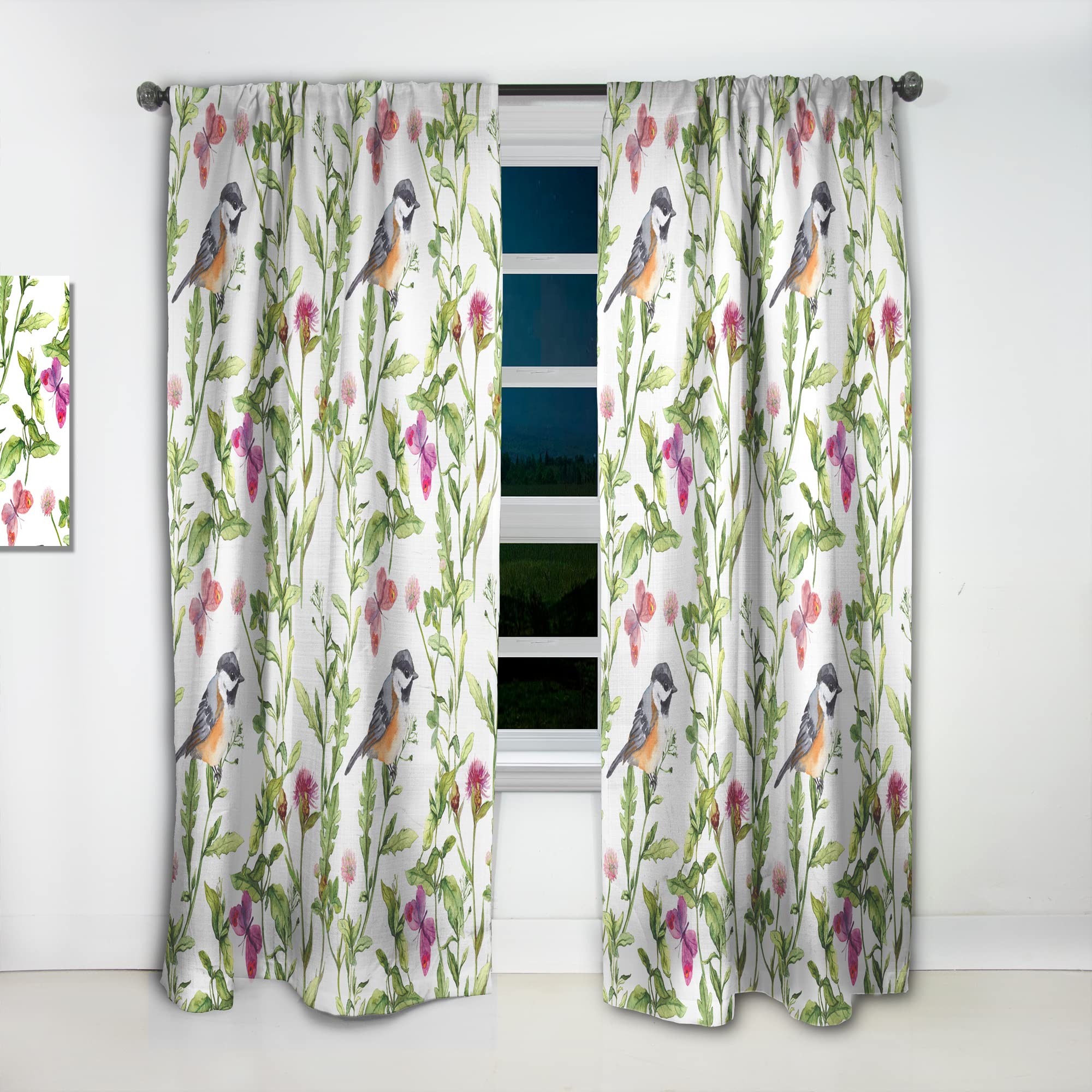 DesignQ Thermal Insulated Curtain Panel - Meadow with Butterflies, Birds & Herbs Print - 52x95 Inches - Blackout Drapes for Bedroom & Living Room - Perfect for Home Decor & Light Control