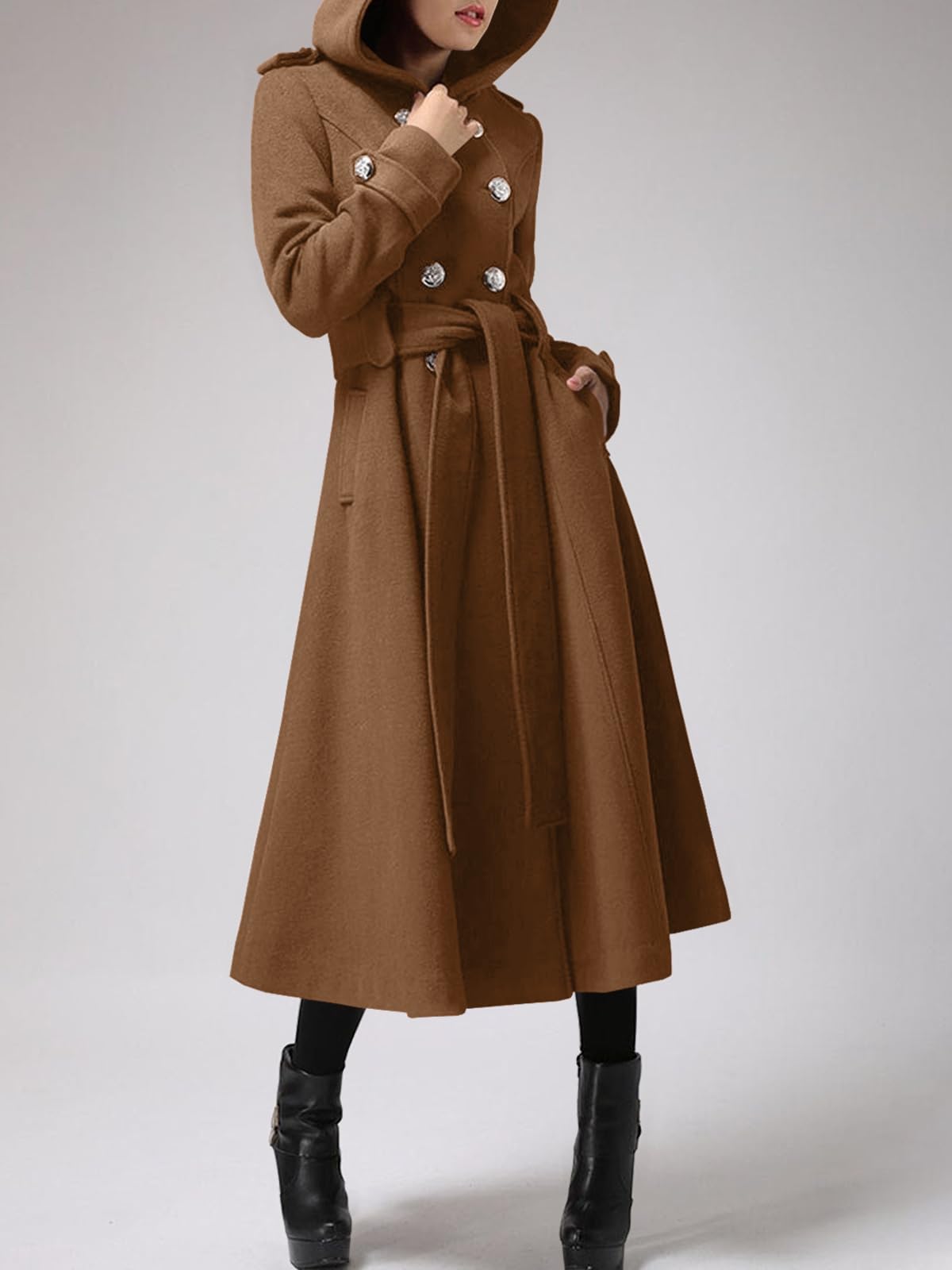 Cicy Bell Women's Long Double-Breasted Hooded Wool Trench Coat - Winter Warm Coat with Adjustable Belt for Fashion & Outdoor Activities