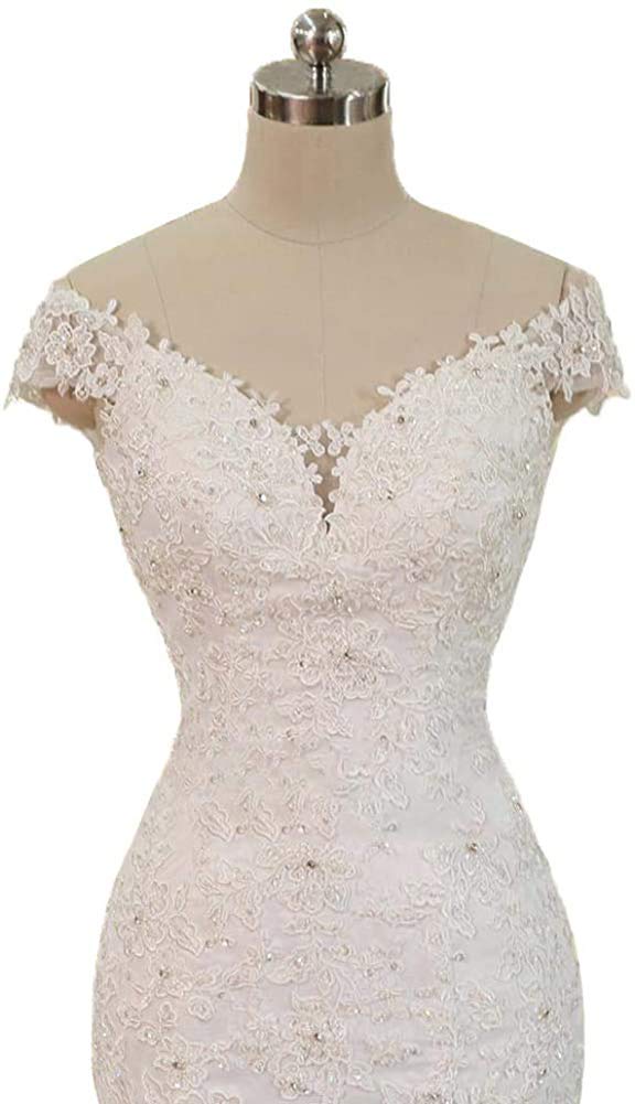 Elegant Mermaid Wedding Dress with Lace Applique & Beaded Off-Shoulder Design for Women - Perfect for Beach, Church, and Formal Wedding Ceremonies