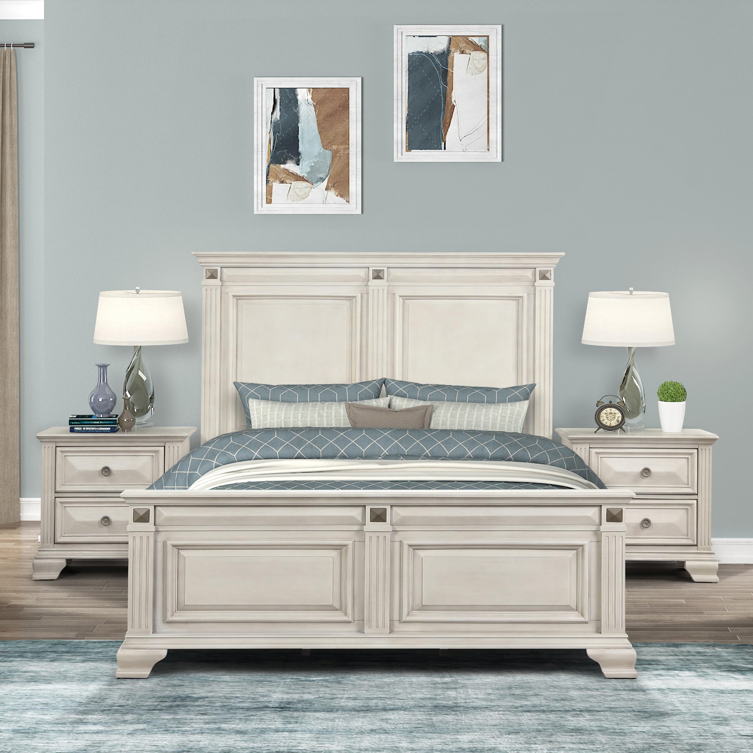 Roundhill Furniture Renova 3-Piece Queen Bedroom Set with Bed & 2 Nightstands in Distressed Silver Parchment - Perfect for Modern Farmhouse or Rustic Chic Bedroom Decor