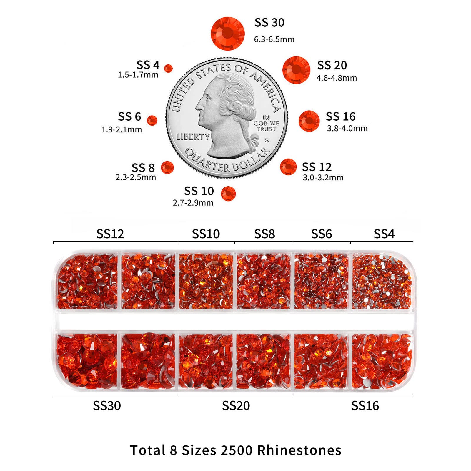 Beadsland 2500pcs Orange Flatback Rhinestones for Nails, Makeup & Crafts - 8 Sizes (SS4-SS30) with Tweezers & Wax Pencil - Perfect for DIY Nail Art, Eye Makeup Gems, and Creative Jewelry Designs