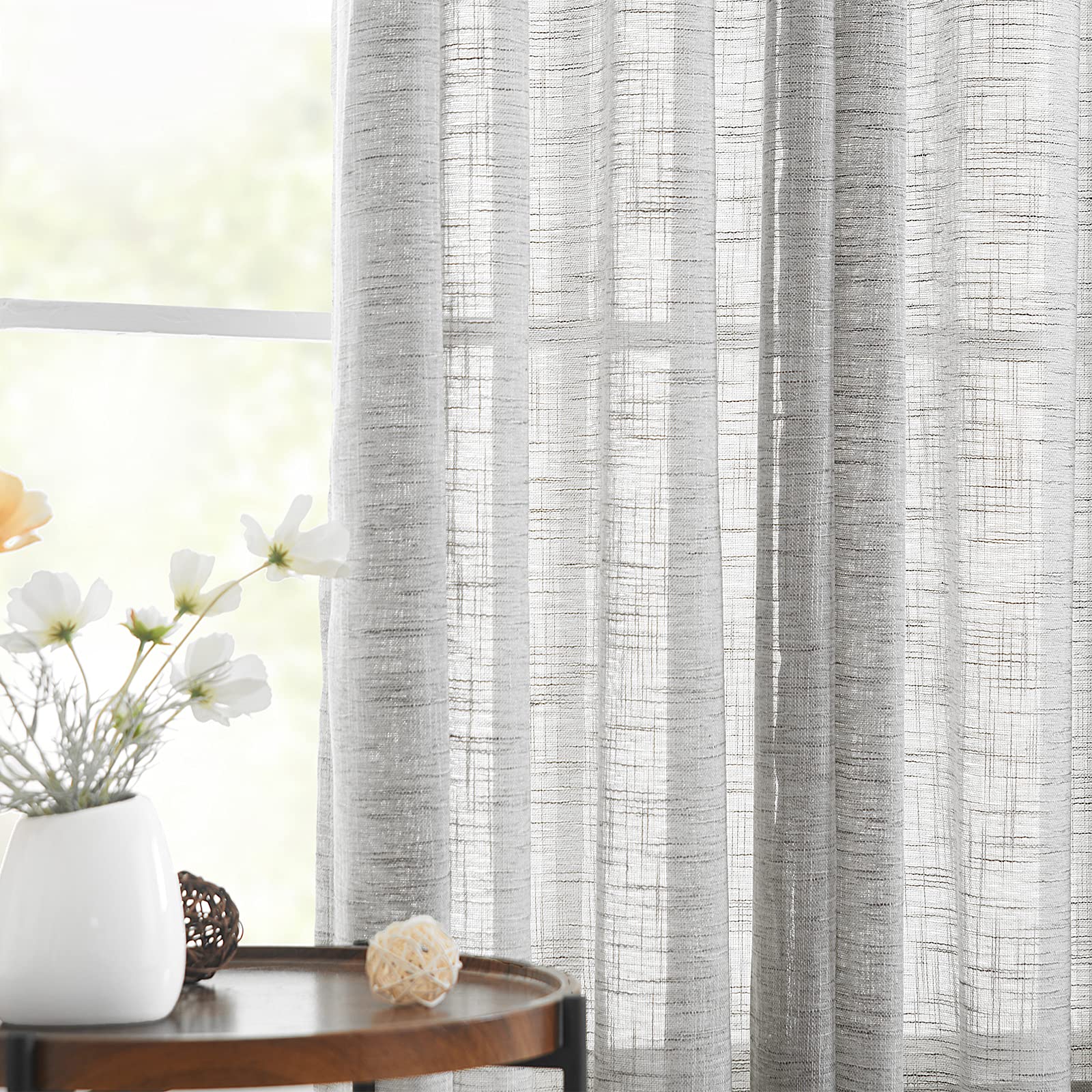 Treatmentex Semi Sheer Curtains - Light Filtering Grey Faux Linen Textured Window Panels (45
