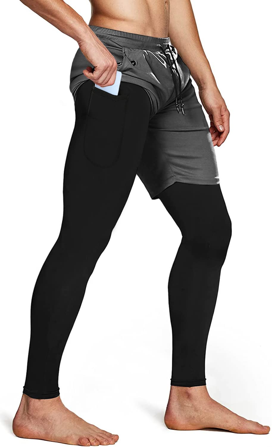 Aolesy Men's 2 in 1 Running Pants - Gym Workout Compression Pants for Men, Athletic Training Pants with Breathable Fabric - Perfect for Jogging, Fitness & Outdoor Sports