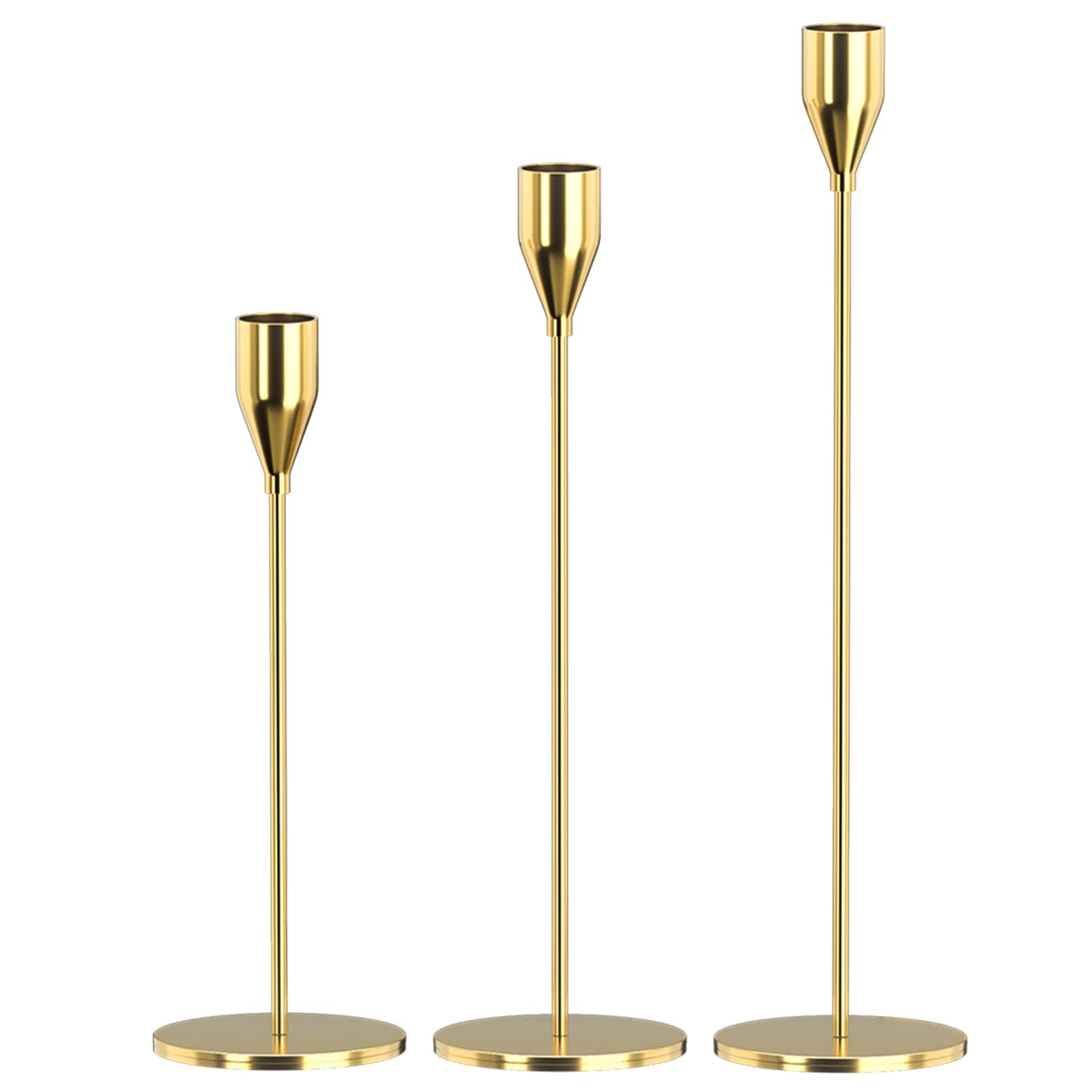 3-Piece Gold Metal Candle Holders Set for Taper Candles - Decorative Candlestick Stand Fits 3/4 Inch Thick Candles & LED Lights - Perfect for Weddings, Dining Tables, Parties & Home Decor