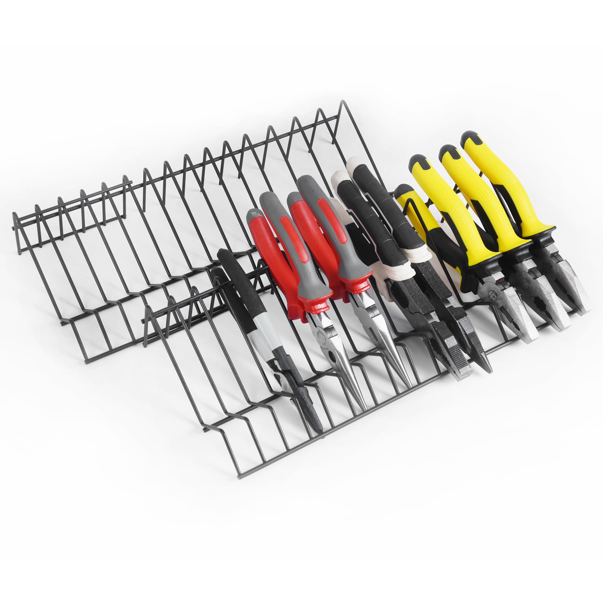 2-Pack Black Metal Plier Organizer for Tool Box Drawer - Holds 30 Spring Loaded, Regular & Wide Handle Insulated Pliers - Perfect for Tool Chest or Workshop Organization