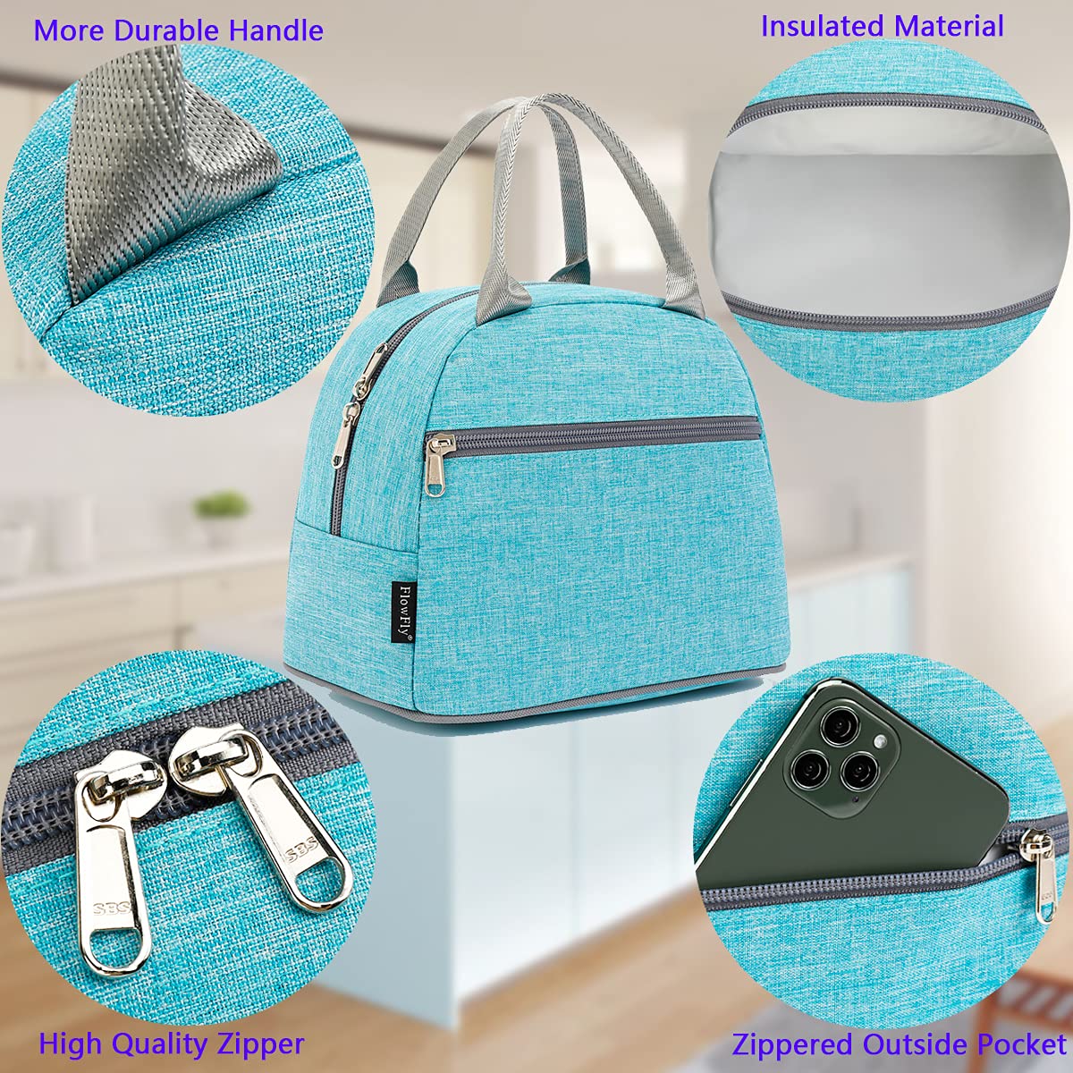 FlowFly Insulated Lunch Cooler Bag for Women & Men - Reusable Tote Lunch Organizer with Handle, Leakproof & Thermal, Perfect for Work, School, Picnics - Sea Blue
