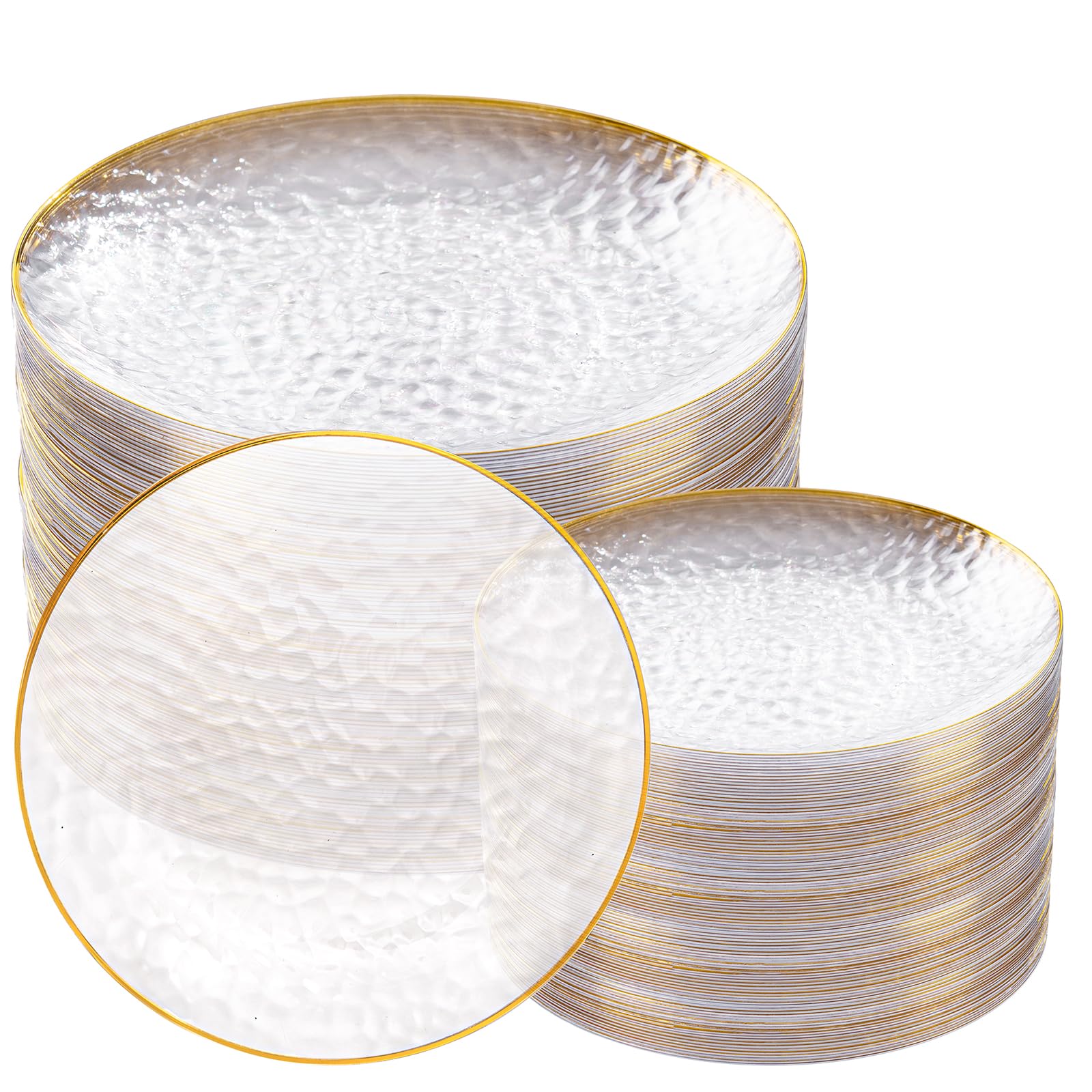 100Pcs Clear Gold Plastic Plates - Disposable Gold Rim Party Plates, Heavy Duty Hammered Design - 50 Clear Dessert Plates & 50 Dinner Plates for Wedding, Birthday, Baby Shower, Holiday Celebrations & Catering Events