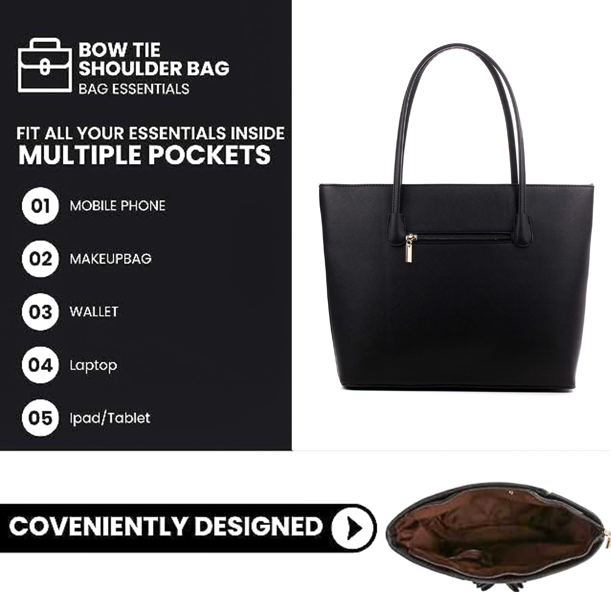 Stylish Black Travel Tote Bag for Women with Bow Detail & Zip Closure - Large Shoulder Handbag for Work, Laptop, Business & Weekend Getaways | Perfect for Office Commute, Business Trips & Travel Accessories