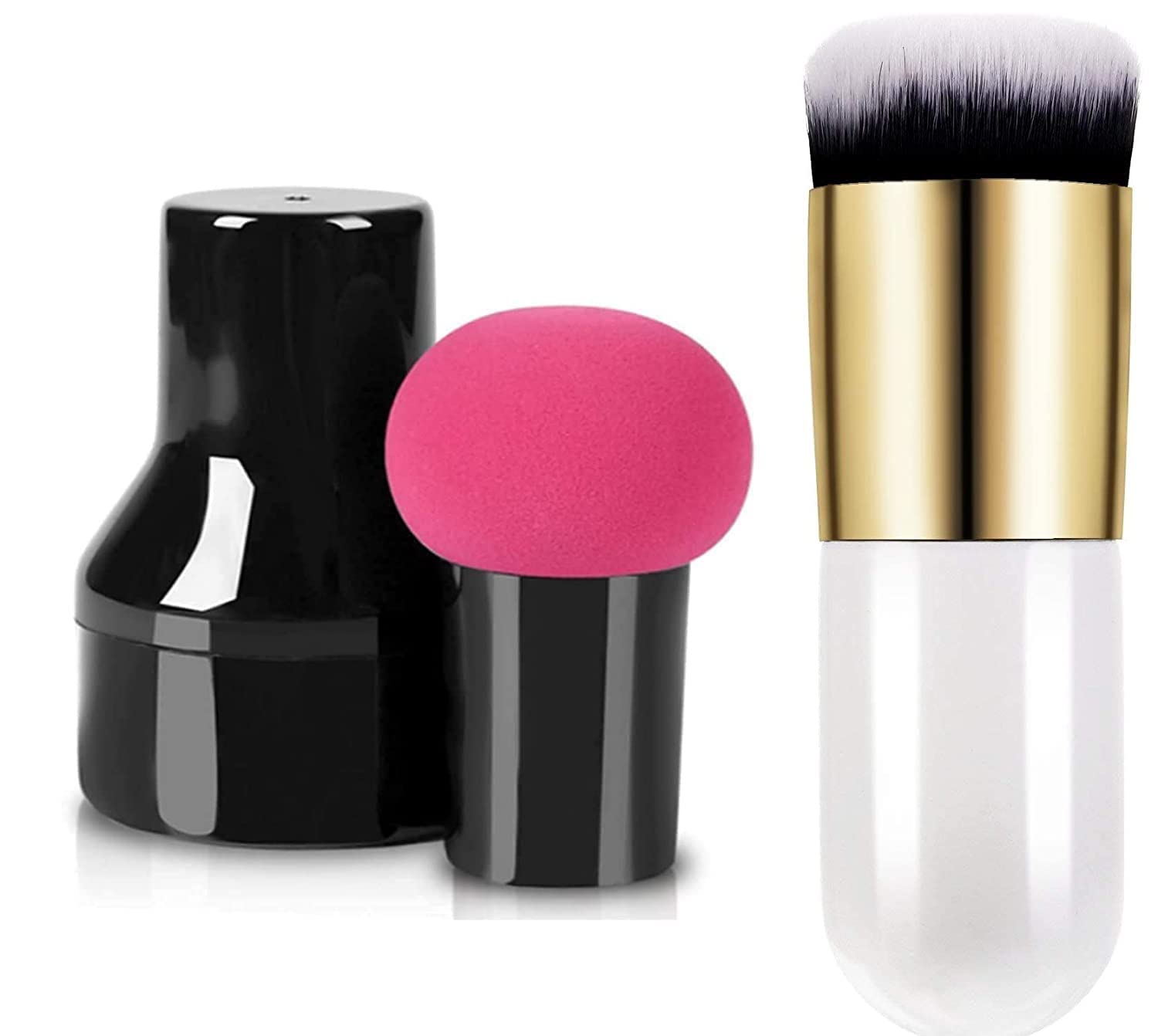 Mini White Foundation Brush & Pink Mushroom Blender - 2 Pack for Flawless Makeup