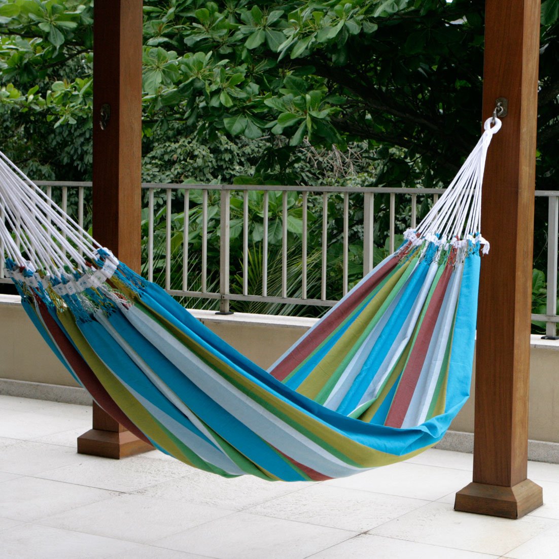 Brazilian Double Hammock 'Tropical Day' - 2 Person Cotton Hammock with Vibrant Blue, Red & Yellow Stripes | Perfect for Backyard, Beach & Camping Relaxation