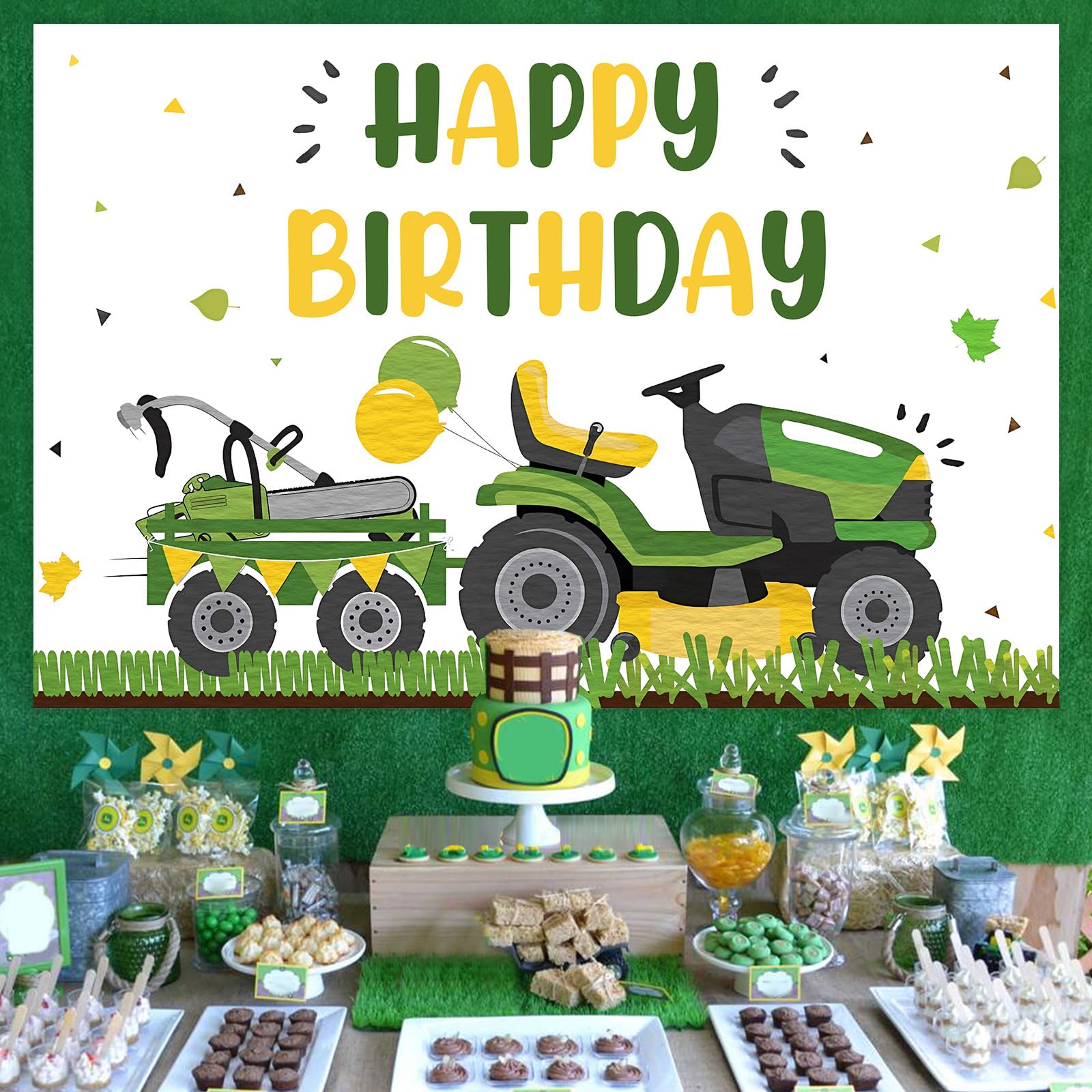 Lawn Mower Birthday Party Decorations - 5x3ft Green Grass Photography Backdrop for Farmyard & Tractor Themed Parties - Perfect for Outdoor, Barnyard, and Kids Birthday Celebrations