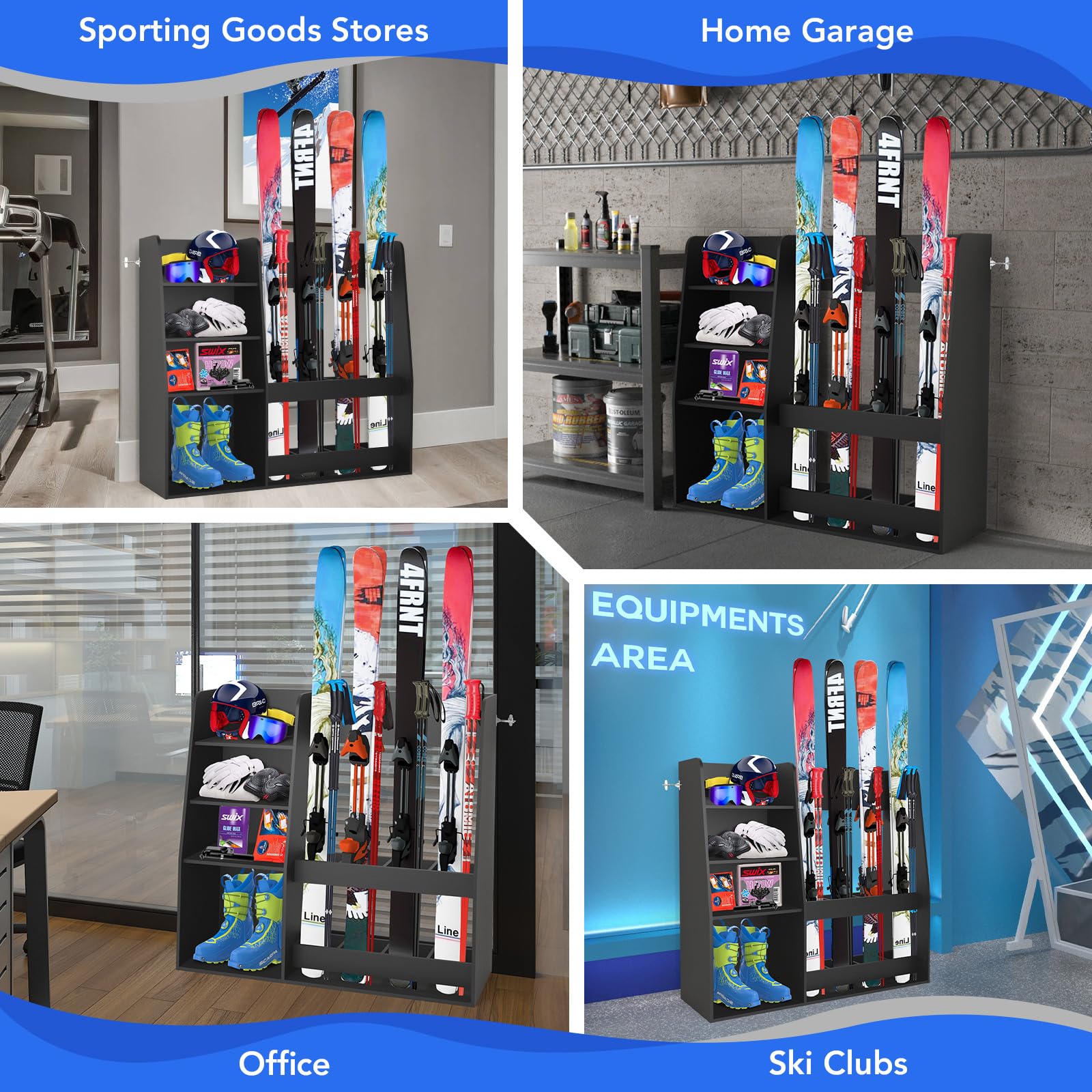 4-Pair Ski Storage Rack with Equipment Holder - Wall Mount Ski Organizer Stand for Skis, Poles & Accessories - Perfect for Garage, Basement, Shed - Indoor/Outdoor Use for All Level Skiers (Great Gift Idea)