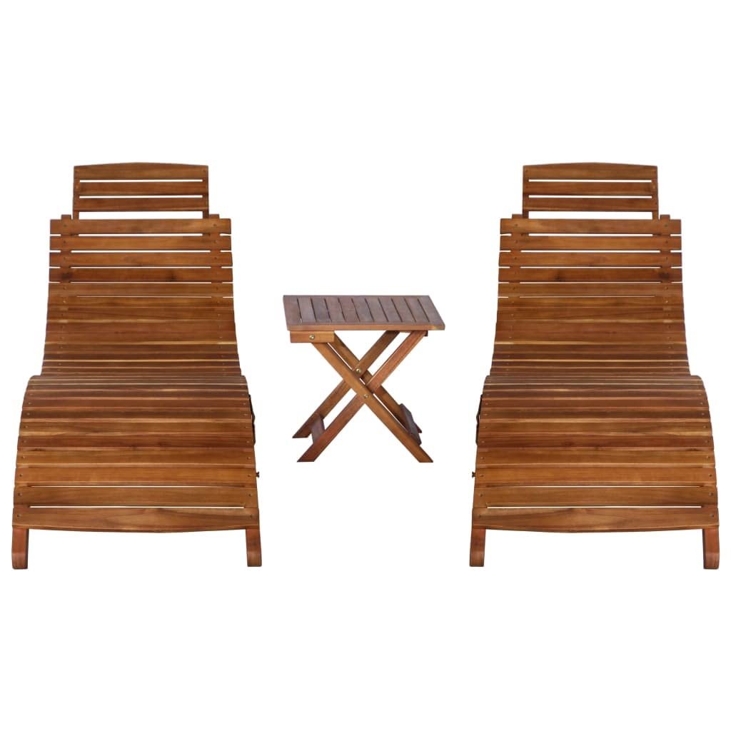 Premium Acacia Wood 3-Piece Sun Lounger Set with Tea Table - Natural Oil Finish Weather-Resistant Outdoor Patio Furniture - Space-Saving Design for Poolside, Garden & Backyard Relaxation