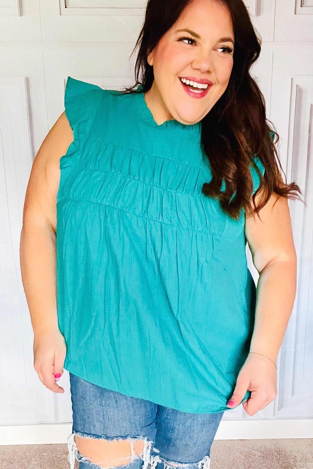 Stylish Turquoise Cotton Mock Neck Flutter Sleeve Blouse with Frill Details - Perfect for Date Nights, Office Wear & Summer Outfits