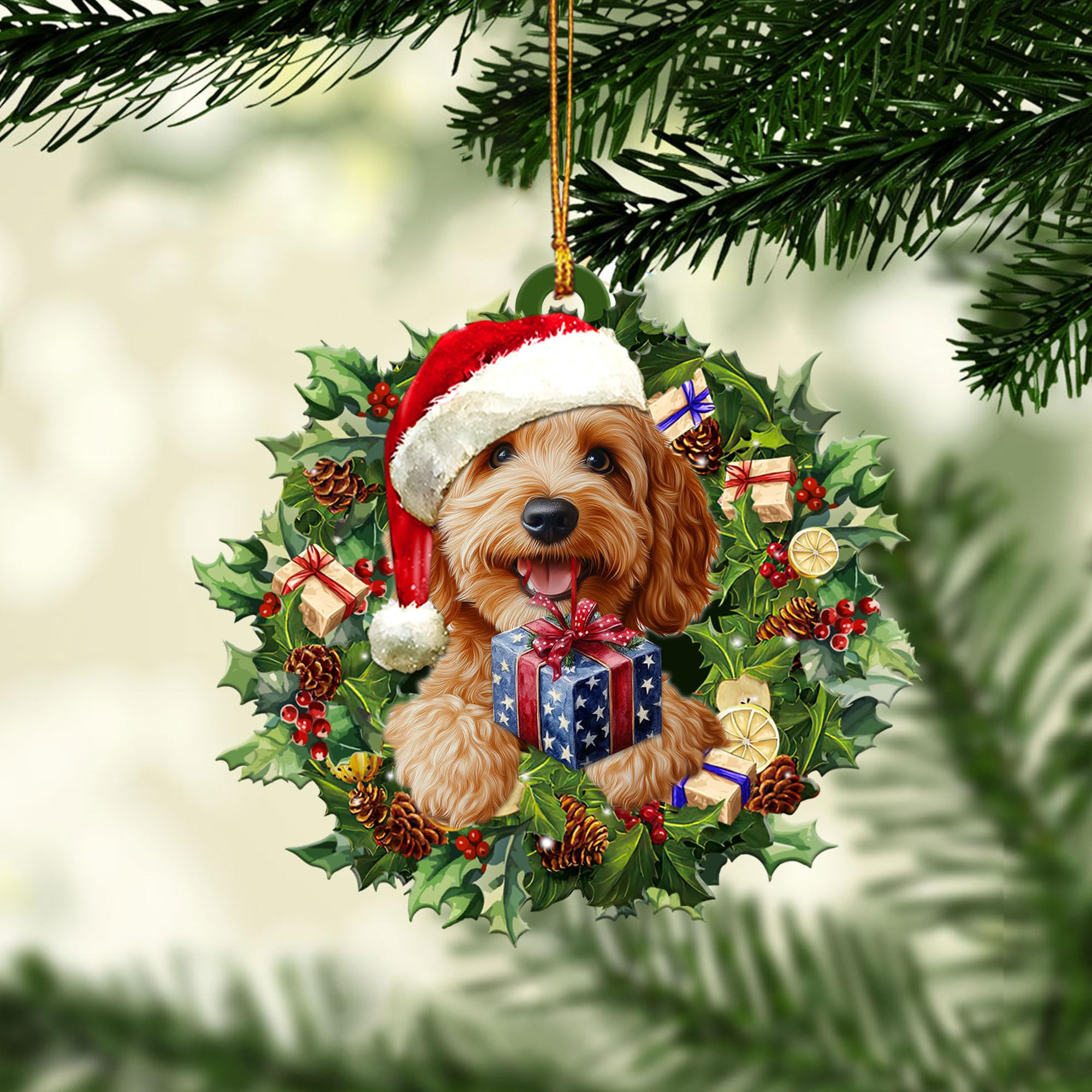 Talataca Goldendoodle Christmas Hat Wreath 2D Car Mirror Charm - Dog Lover Gift, Holiday Car Ornament & Interior Decor for Christmas, Perfect for Pet Owners & Festive Vehicle Decoration