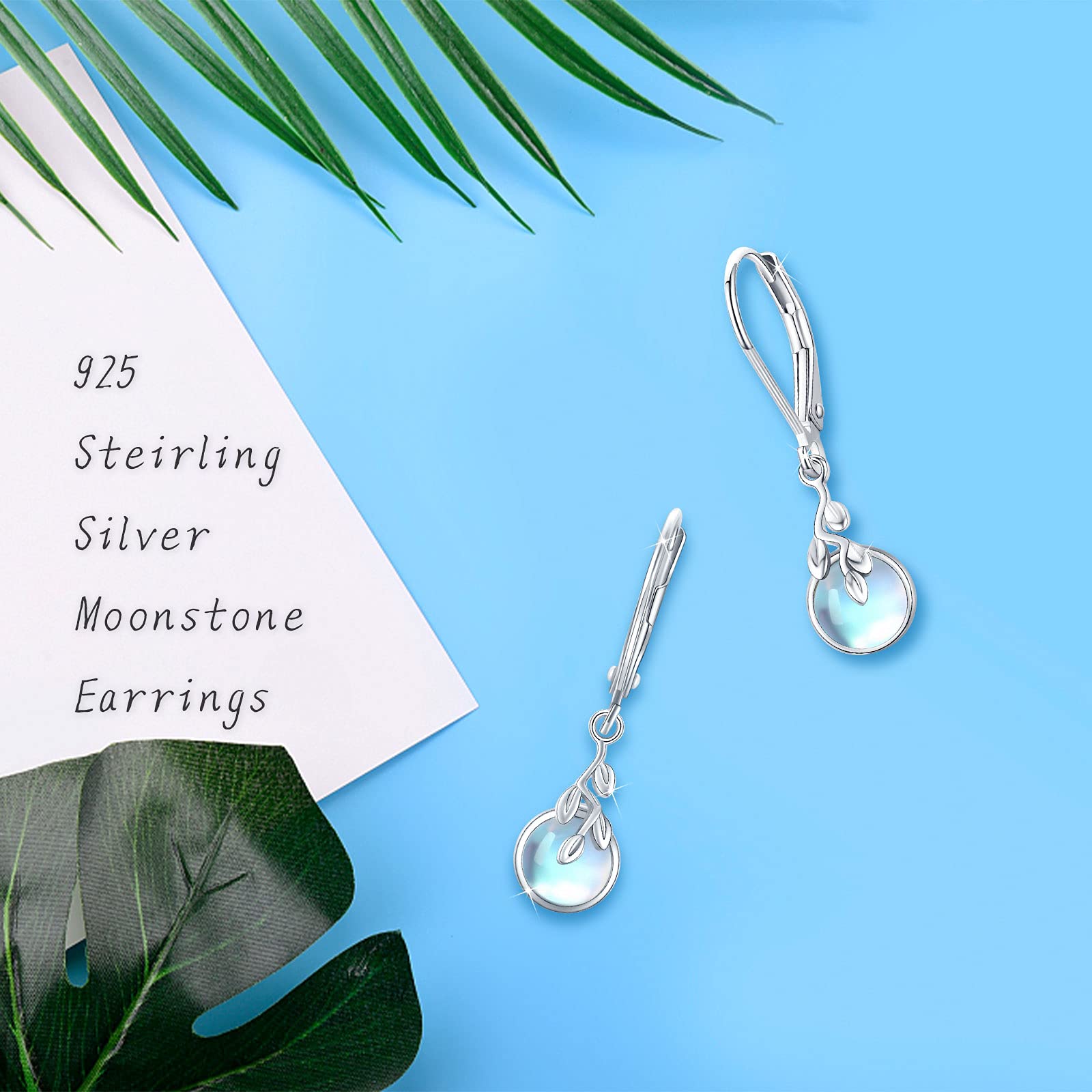 Hypoallergenic Sterling Silver Tree of Life Dangle Earrings with 6mm Moonstone, Malachite or Opal - Leverback Earrings for Women with Sensitive Ears | Perfect Gift for Daughter, Wife & Loved Ones | Ideal for Weddings, Parties & Everyday Wear