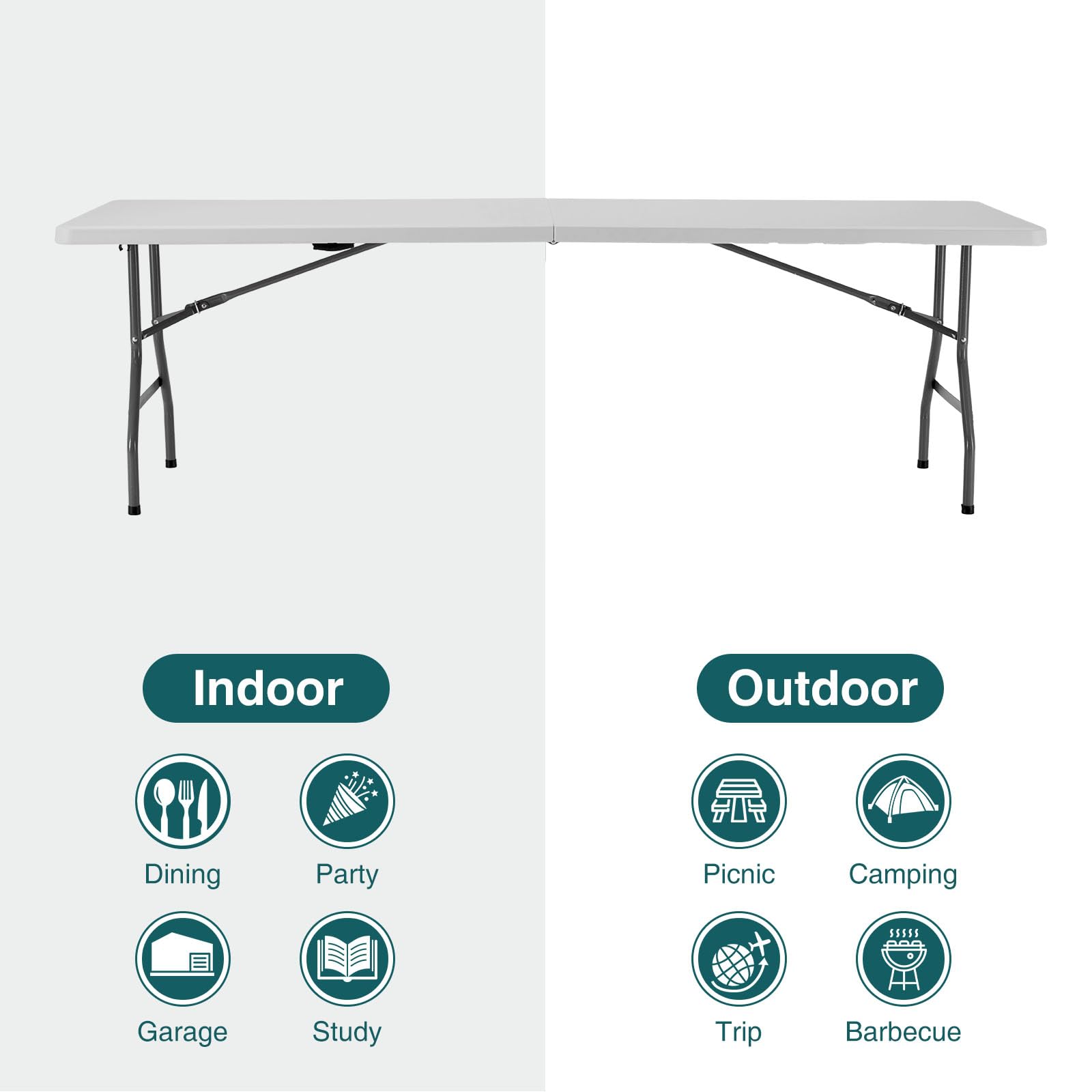 8ft Heavy Duty Folding Table - Portable Indoor Outdoor Table with Carrying Handle for Camping, Picnic, Party & Events - Perfect for Backyard Gatherings, Tailgating & Home Use
