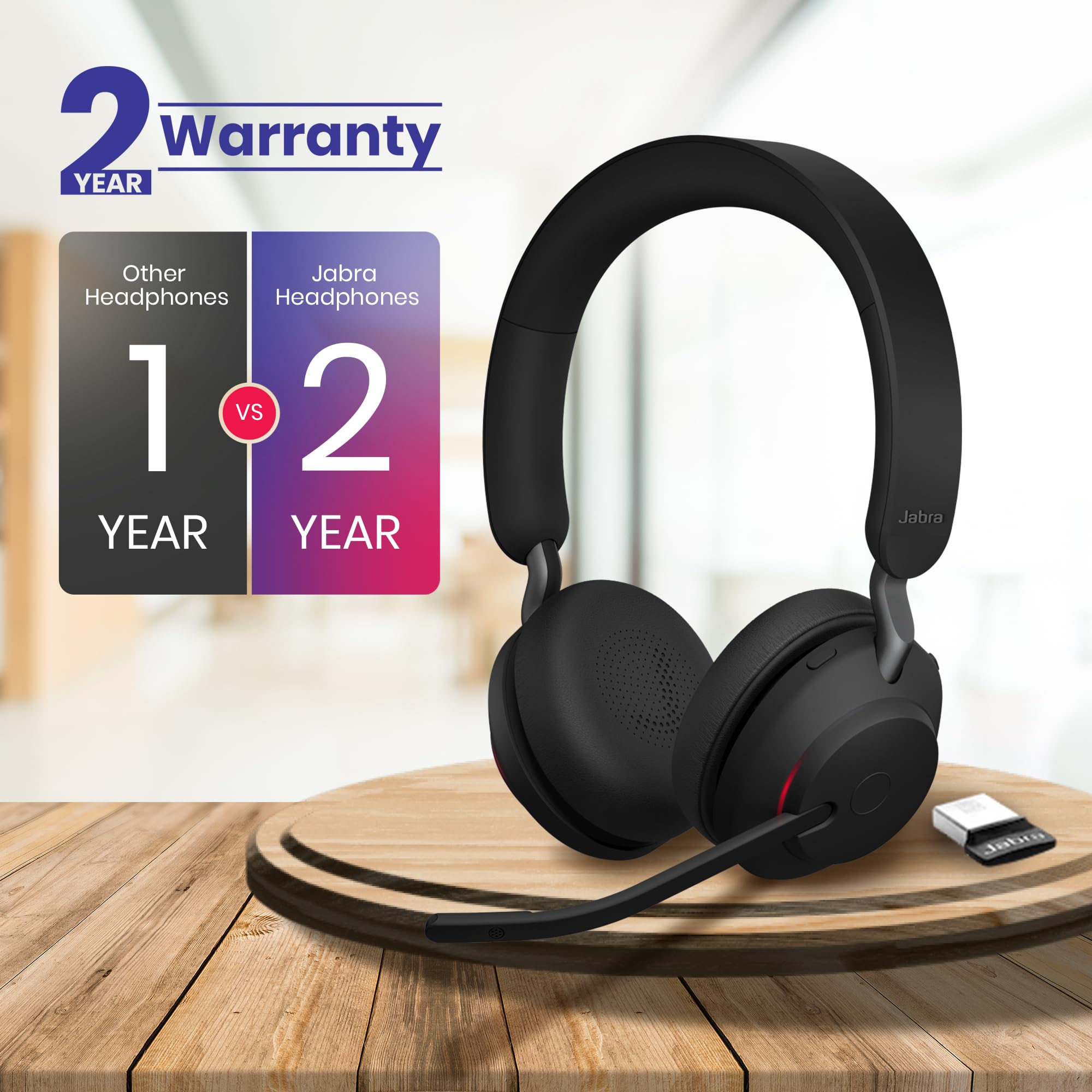 Jabra Evolve2 65 Wireless Headset MS with Bluetooth Dongle - Noise Cancelling Headphones for Zoom, Teams, Webex | Compatible with Laptop & Phone Calls | Includes Global Teck Wallet & Gold Support Plan | Perfect for Remote Work, Online Meetings & Office Use