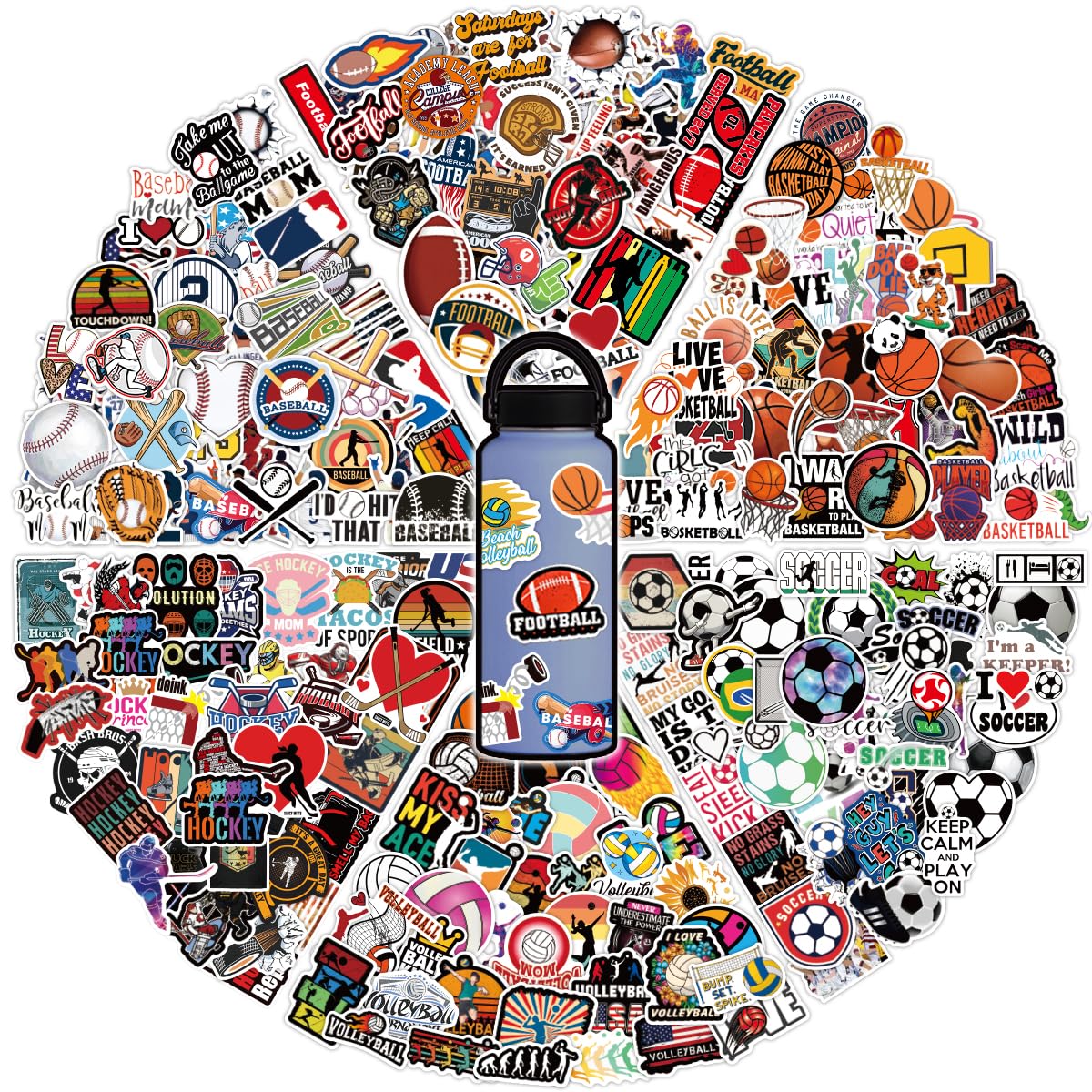 300Pcs Mixed Sports Vinyl Stickers Bulk Pack - Waterproof Decals for Water Bottles, Laptops, Helmets, Scrapbooks & Journals - Basketball, Football, Soccer, Hockey Designs for Kids, Teens & Adults - Perfect for School, Sports Gear & DIY Projects