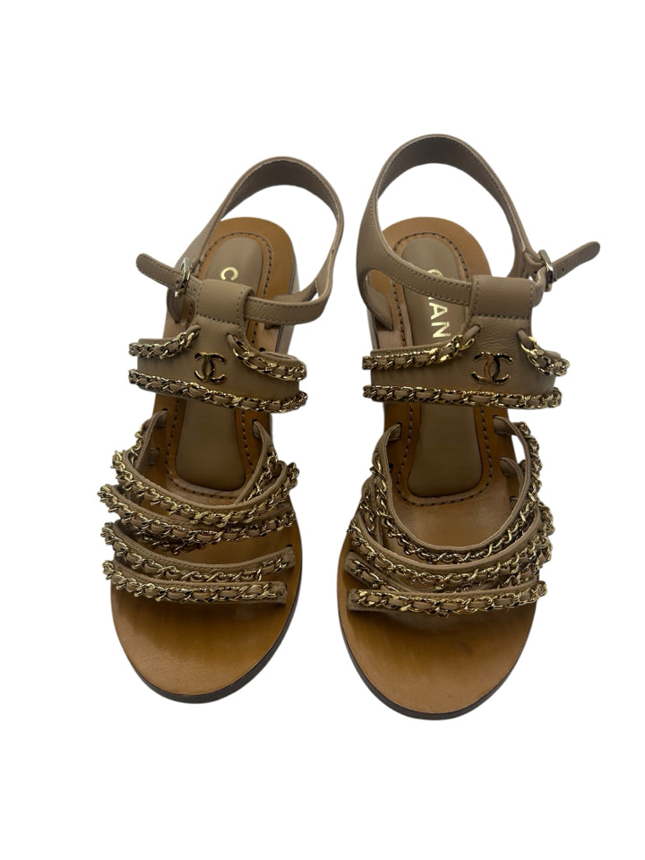 Chanel CC Lambskin Multi Chain Wedge Sandals for Women | Size 36 (US 6) | Luxury Designer Heels for Parties, Weddings & Evening Events