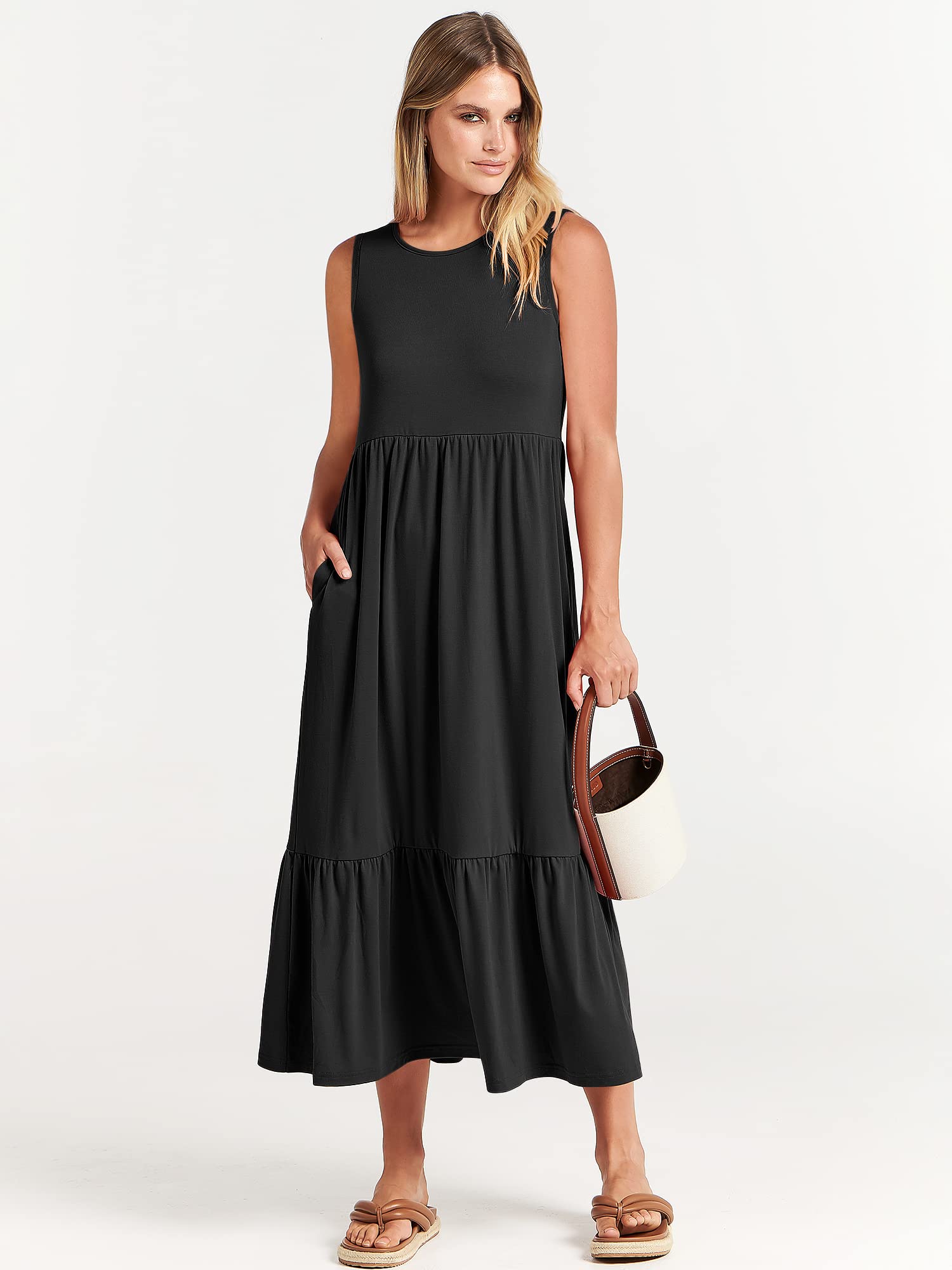 ANRABESS Women's Summer Sleeveless Crewneck Sundress - Flowy A-Line Tiered Maxi Beach Dress for Vacation, Casual Wear, and Outdoor Activities
