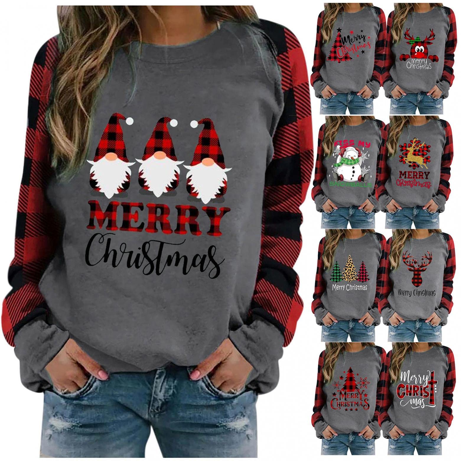 Oiumov Women's Long Sleeve Christmas Sweatshirt - Cute Letter & Tree Print Loose Blouse Top for Holiday Parties & Casual Wear