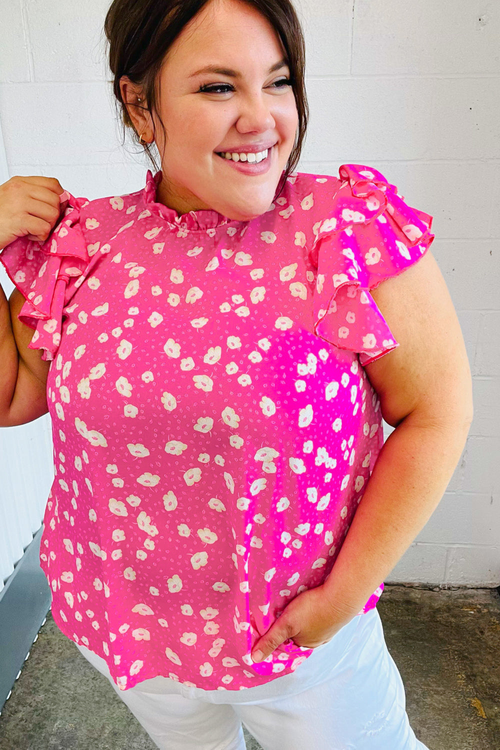 Stylish Hot Pink Floral Print Mock Neck Blouse with Double Flutter Sleeves - Perfect for Spring Outfits, Date Nights & Office Wear