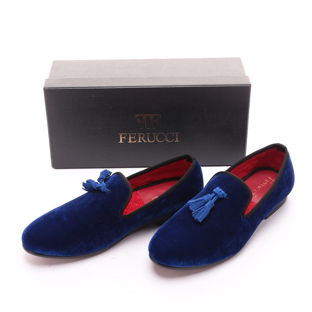FERUCCI Handmade Men's Blue Velvet Loafers with Tassel - Comfortable House Slippers & Casual Shoes for Indoor/Outdoor Wear