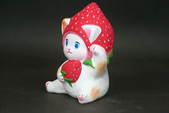 Nagahama Doll Japanese Maneki Neko (Beckoning Cat) Lucky Charm - Strawberry Design, Traditional Japanese Fortune Cat Figurine for Home Decor, Office Feng Shui & Gift Giving