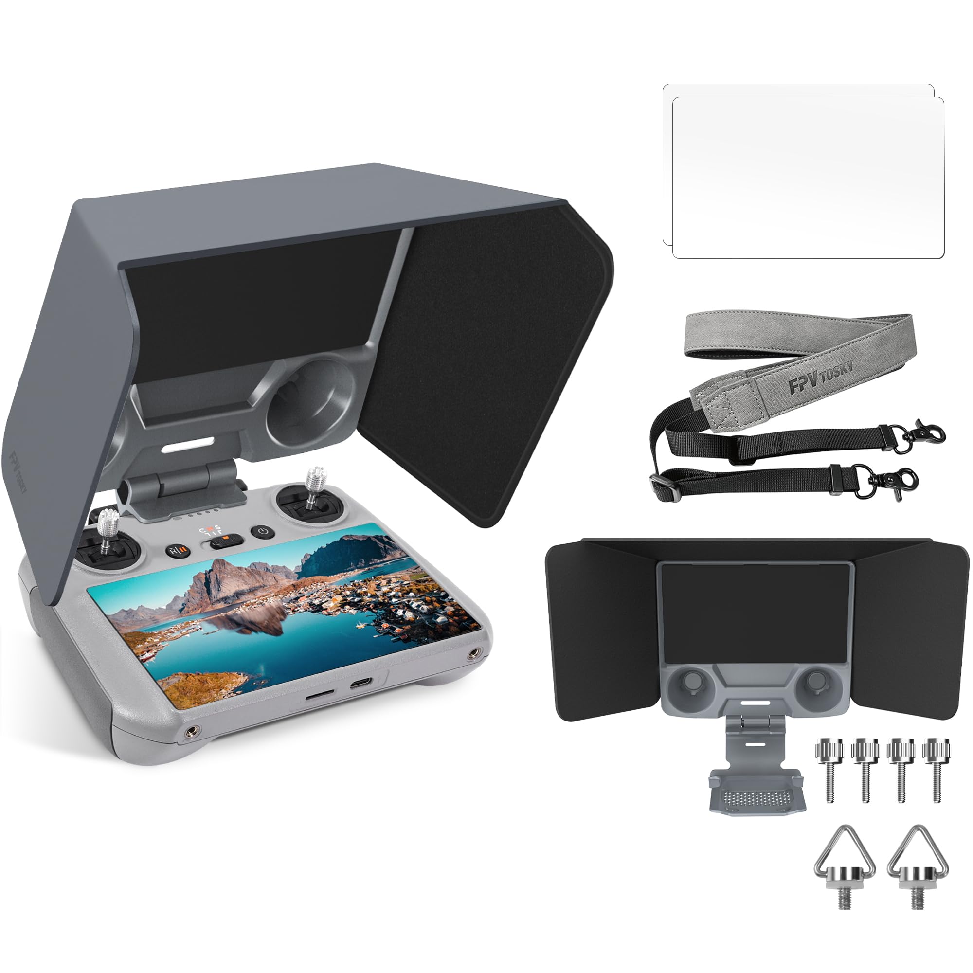 FPVtosky DJI Mini 4 Pro / Air 3 RC 2 Controller Accessories Kit - Sun Hood Cover, Lanyard, Screen Protectors (2 Pack) - Perfect for Outdoor Drone Flying and Aerial Photography
