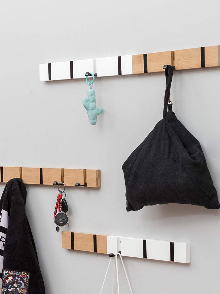 Modern Wooden Wall Mounted Coat Rack with 6 Folding Hooks - Space Saving Entryway Organizer for Jackets, Hats, Keys & Accessories - Natural Finish for Home, Office or Dorm Room Decor