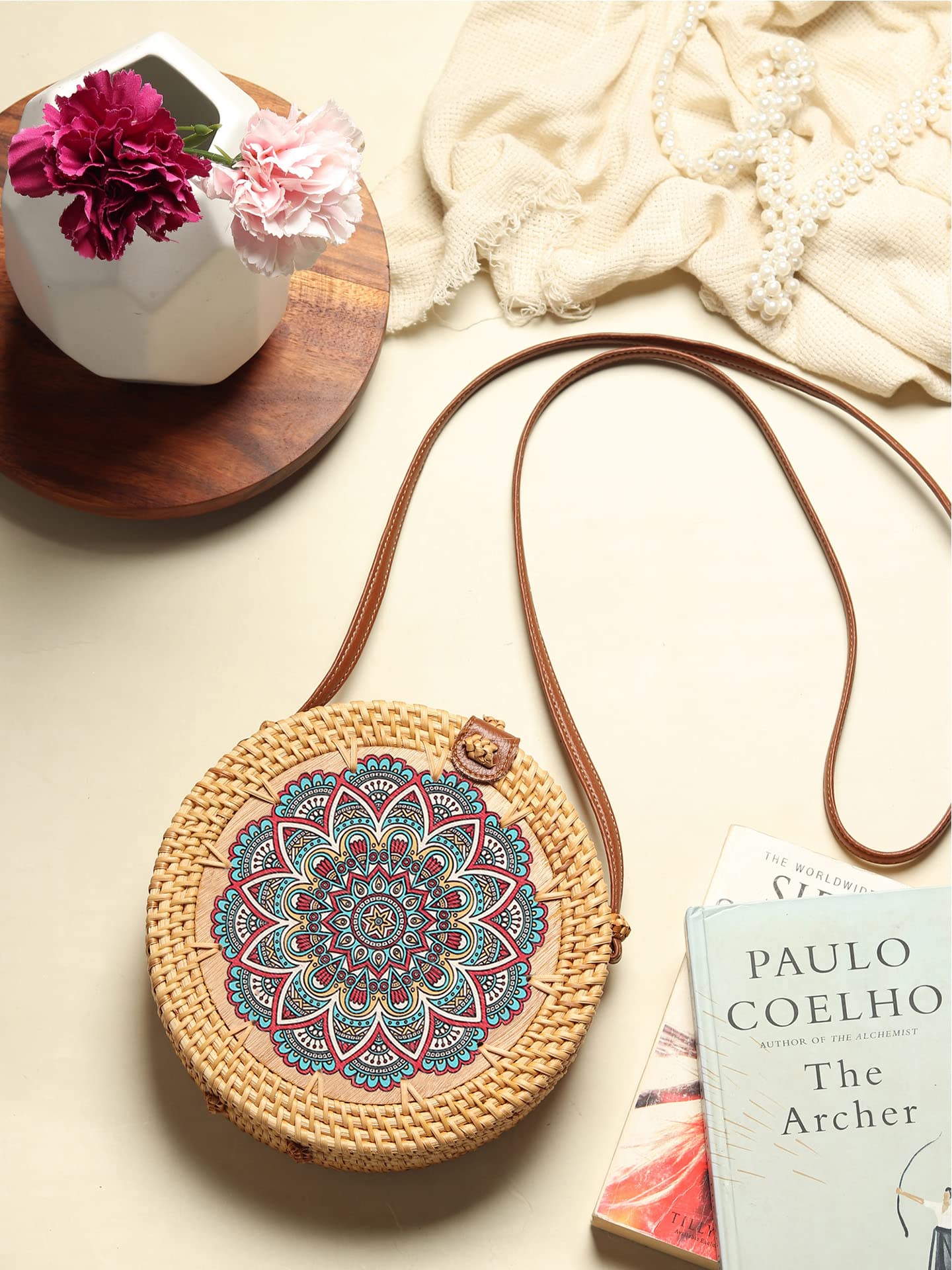 Habere India Handmade Rattan Sling Bag - Bohemian Beach Tote with Mandala Design | Eco-Friendly Woven Bali Bag for Women | Perfect for Travel, Vacation & Festival Use