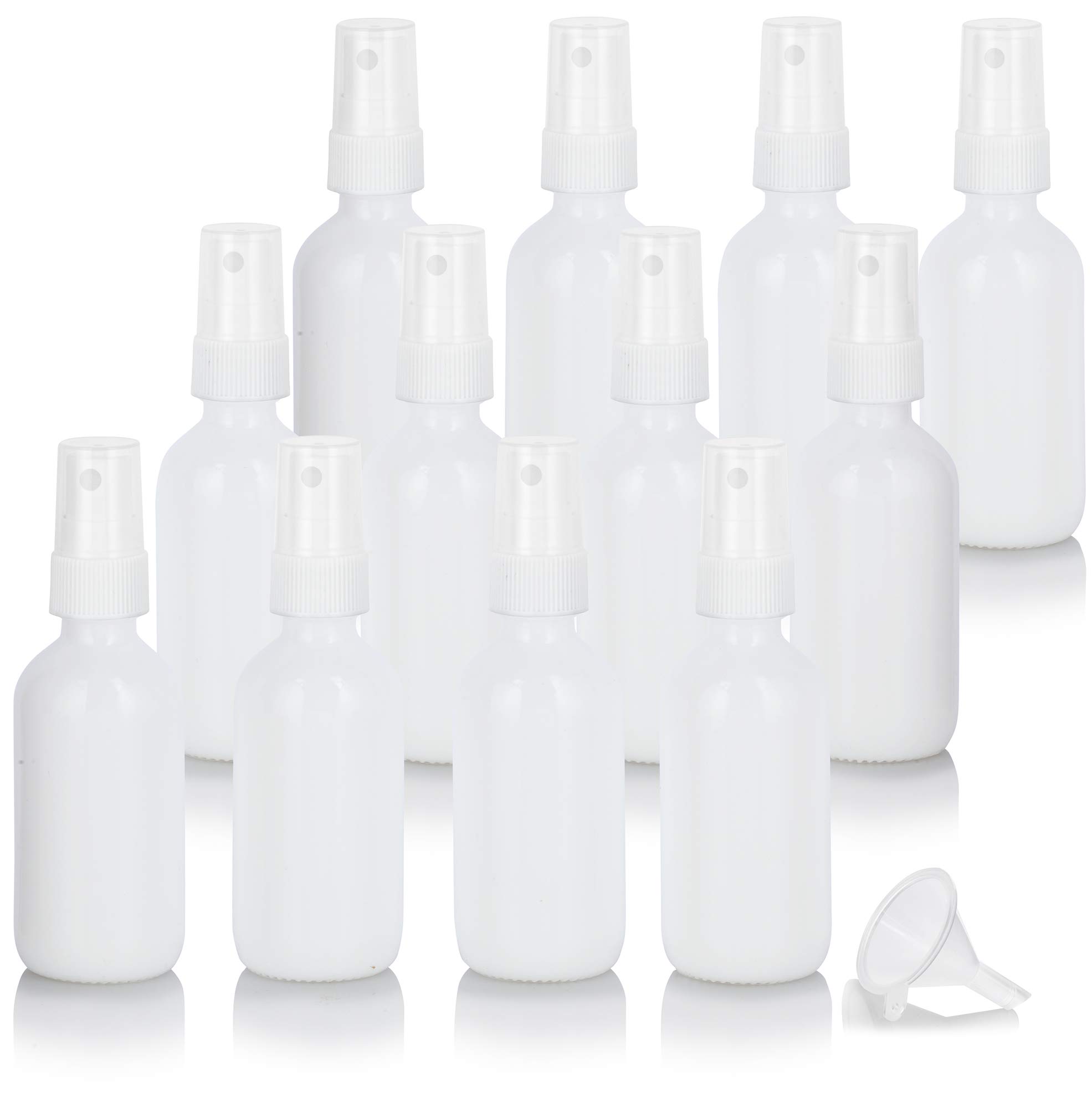 JUVITUS 12 Pack 2 oz Opal White Glass Boston Round Bottles with Fine Mist Sprayers & Funnel - Essential Oil, Perfume, Hair & Skin Care Refillable Containers for Home, Salon, and Travel Use