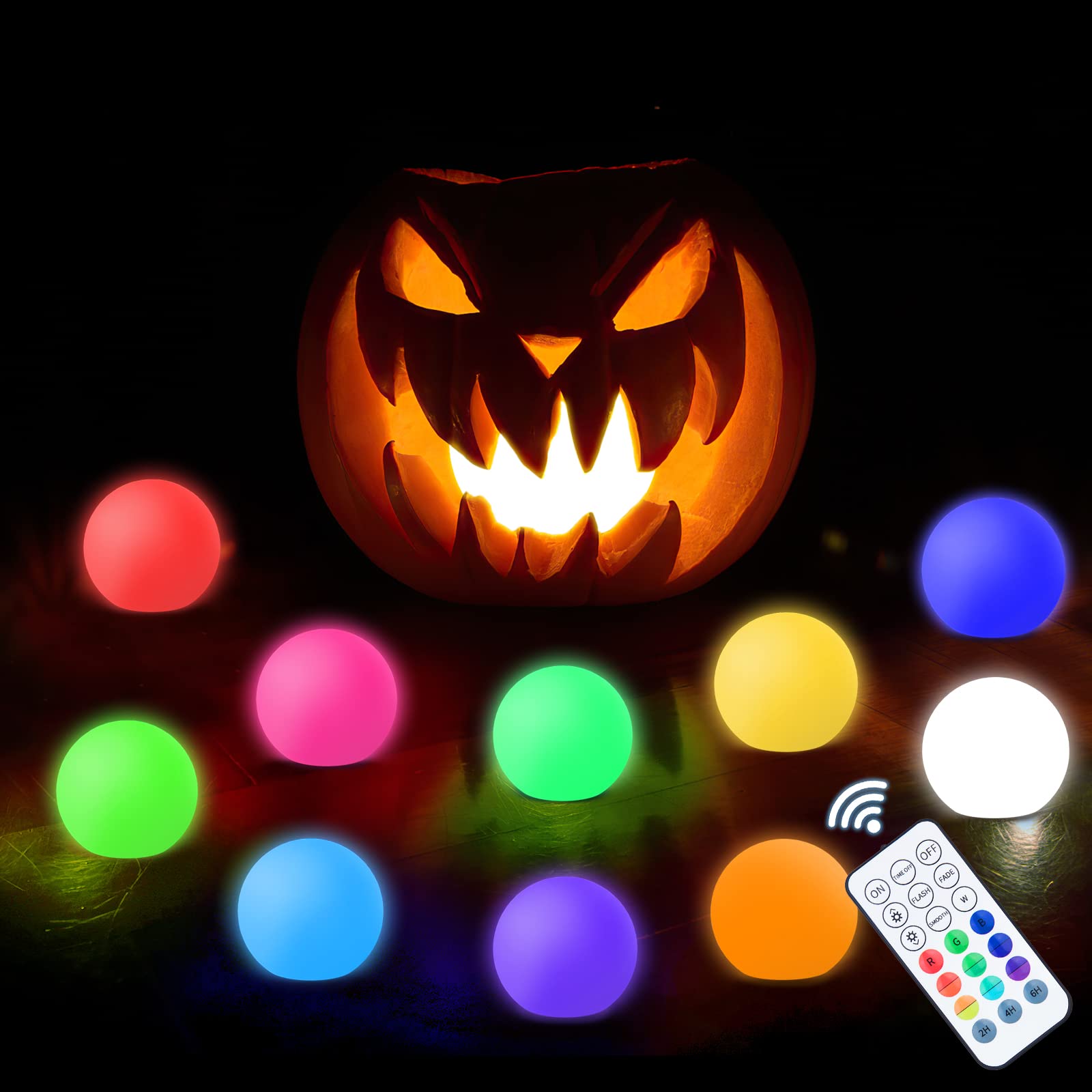 Halloween LED Pumpkin Lights - 16 Color Changing Floating Pool Lights with RF Remote, Waterproof Cordless Decor for Pool, Hot Tub & Outdoor Parties | Perfect for Halloween Decorations, Backyard Gatherings & Nighttime Pool Fun (10 Pack)