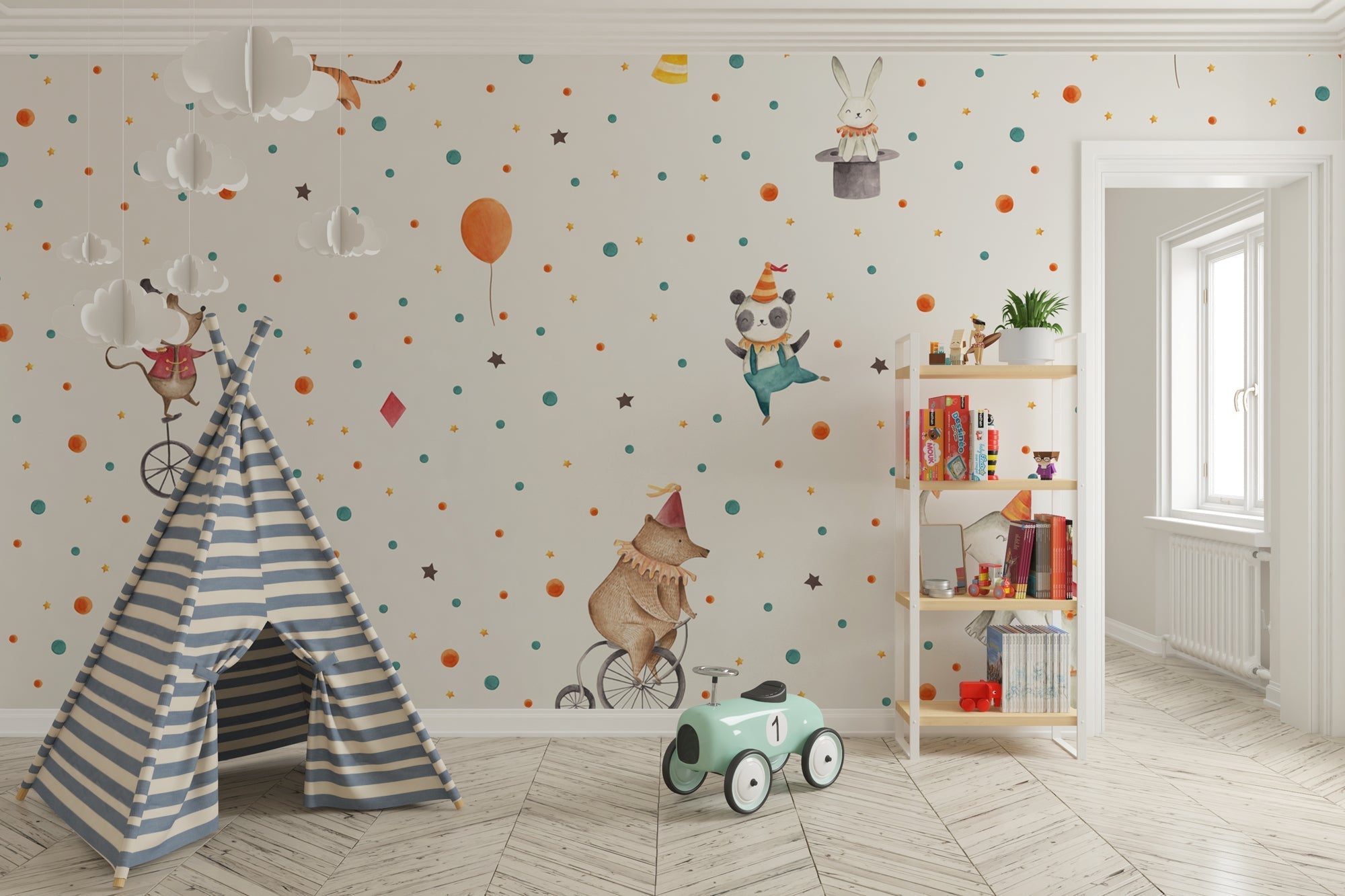 Fun and Colorful Kids Room Wallpaper Mural - Lets Party Animals Design for Nursery, Playroom & Bedroom Decor