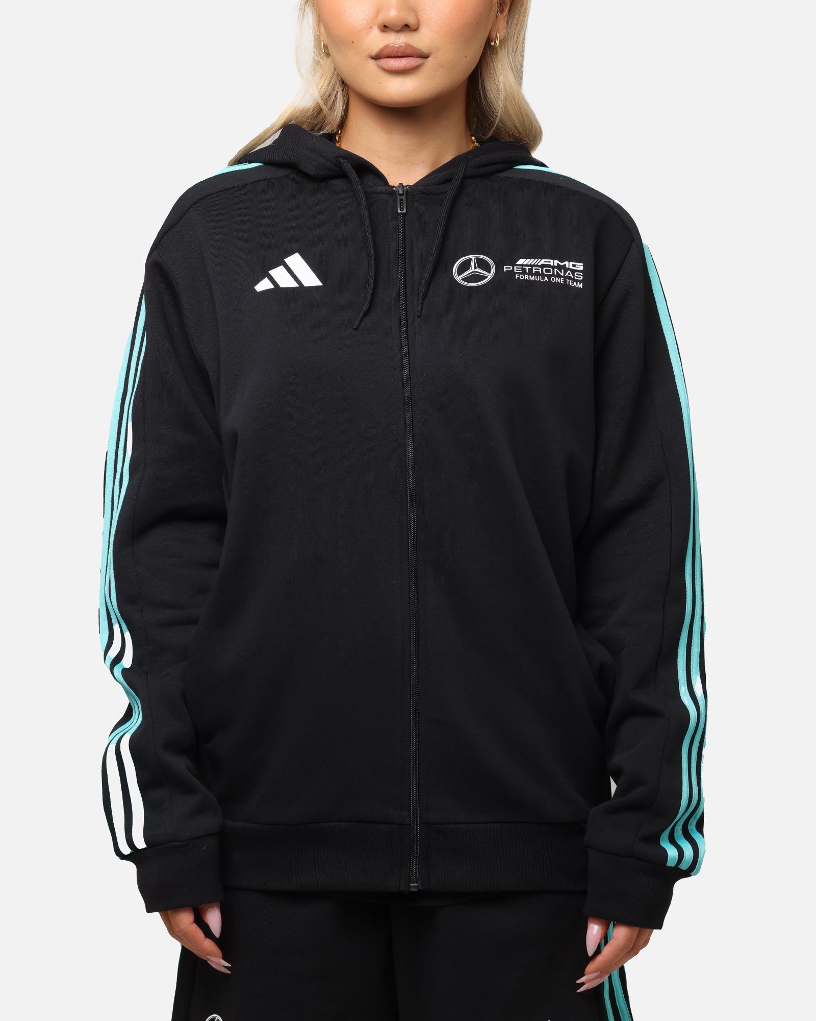Adidas x Mercedes AMG Petronas Formula One F1 DNA Full Zip Hoodie - Black & White - Men's Racing Jacket for Casual Wear & Motorsport Fans