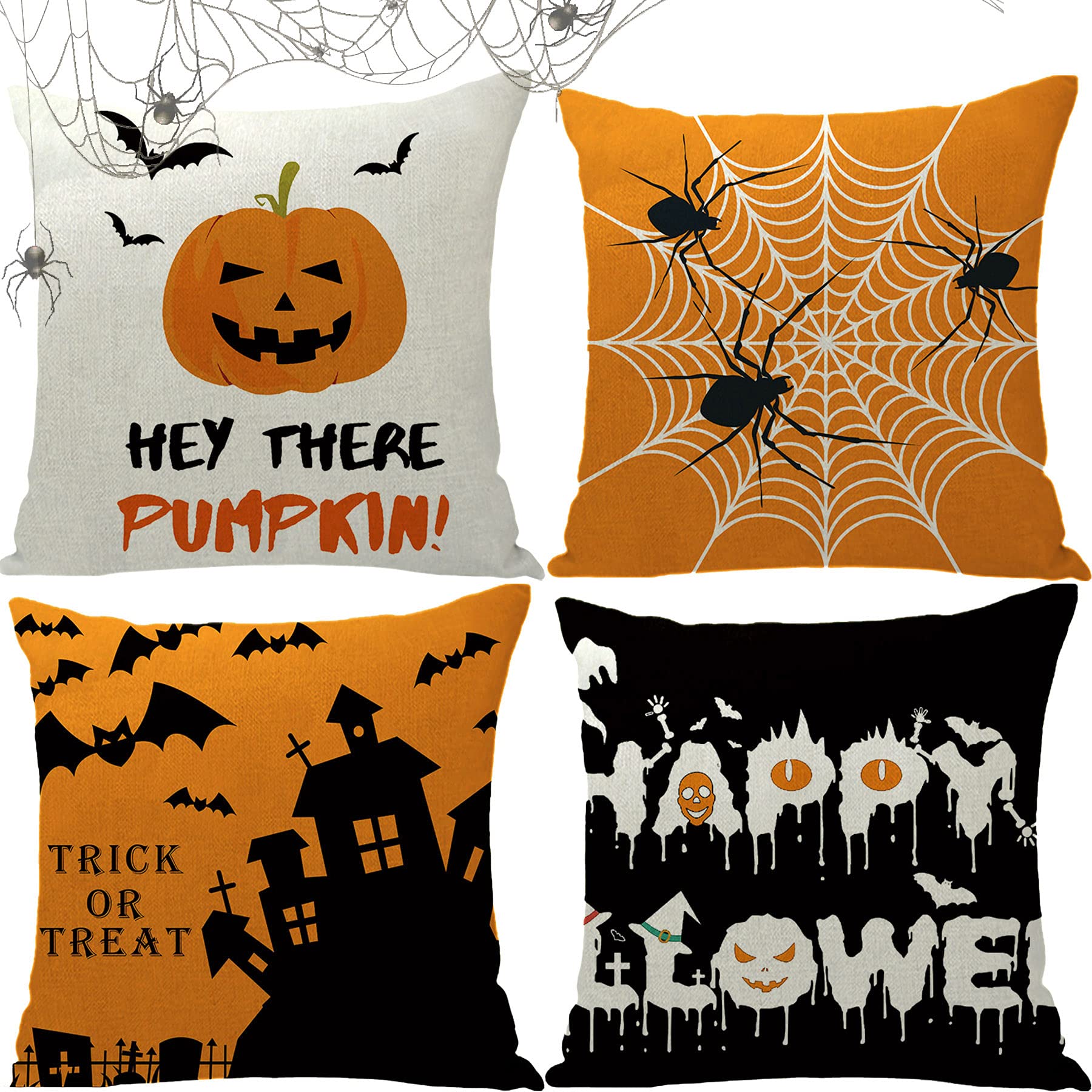 Halloween Pillow Covers Set of 4 - 18x18 Inch Pumpkin & Spider Design with Bonus Spider Web - Cozy Fall Home Decor for Sofa, Bed, or Party - Trick or Treat Halloween Decorations for Indoor Use
