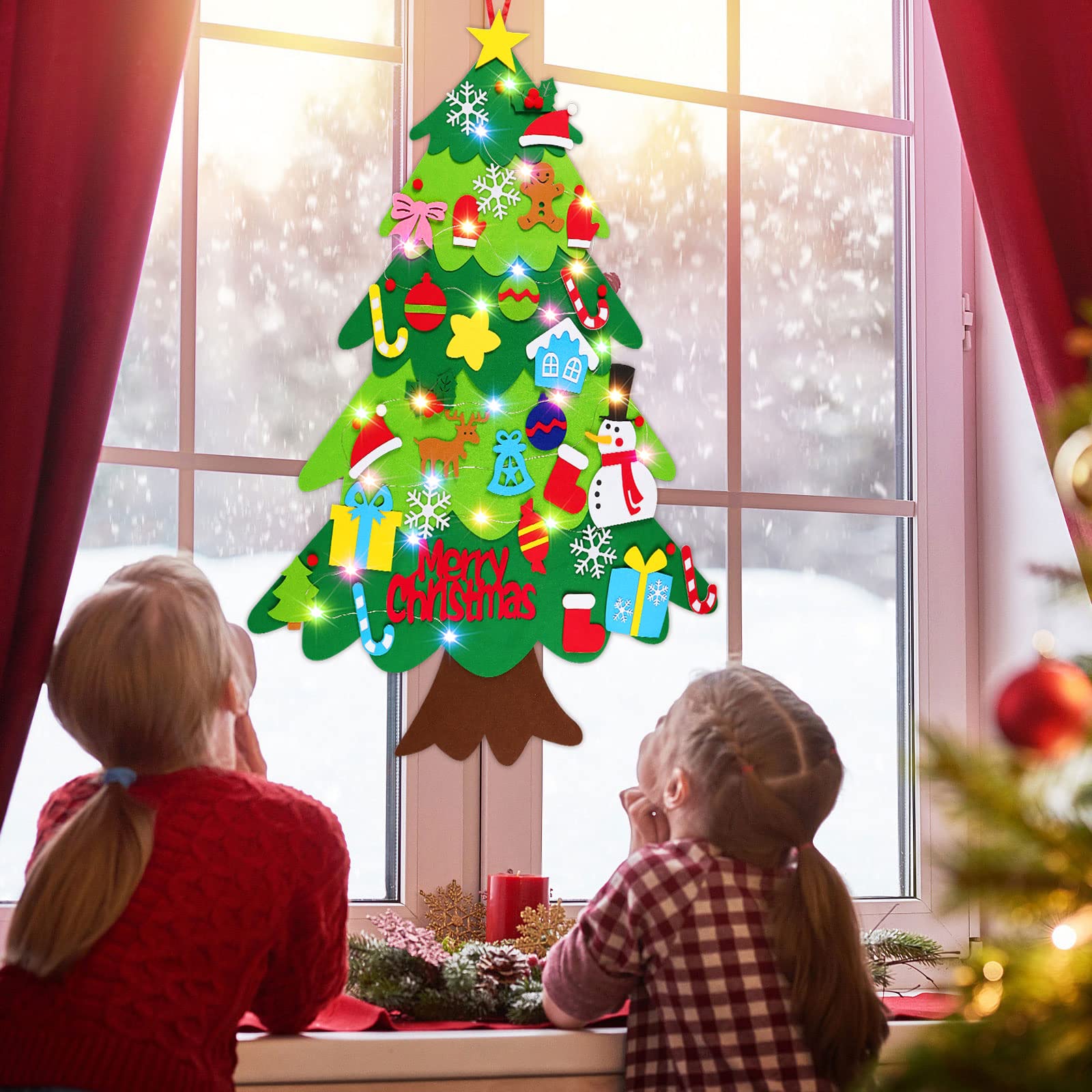 DIY Felt Christmas Tree Wall Hanging with LED String Lights & 32 Detachable Ornaments - Holiday Home Decor for Parties, Living Room, Bedroom & Nursery Decorations