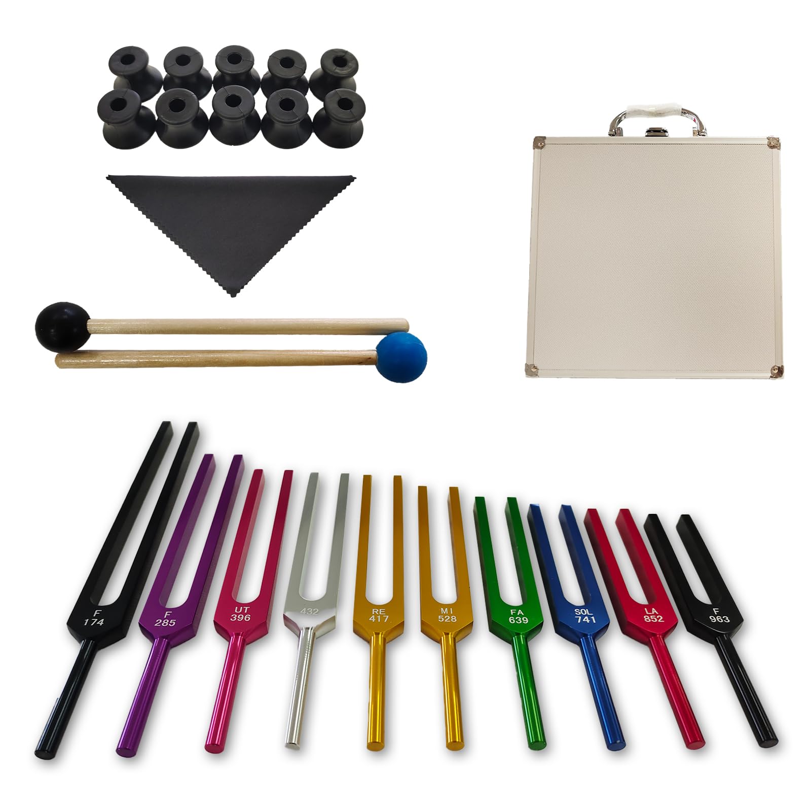 MIMIRACLE Solfeggio Tuning Forks Set - 10 Unweighted Aluminum Alloy Sound Healing Forks with Cleaning Cloth, Rubber Mallets & Gift Box for Meditation, Yoga, Chakra Balancing & Energy Healing | Perfect for Sound Therapy, Reiki & Holistic Wellness Practices