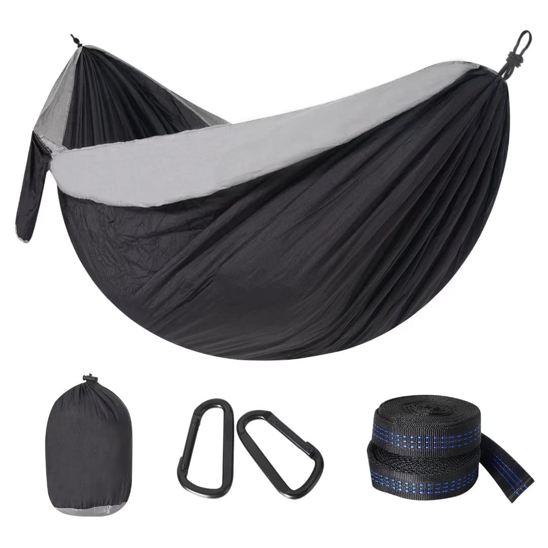 BLUU Double Camping Hammock Set - Lightweight 2 Person Parachute Hammock with Tree Straps & Accessories - 100% Recyclable 210T Nylon - Perfect for Outdoor Camping, Backpacking, Hiking and Indoor Relaxation (Black)