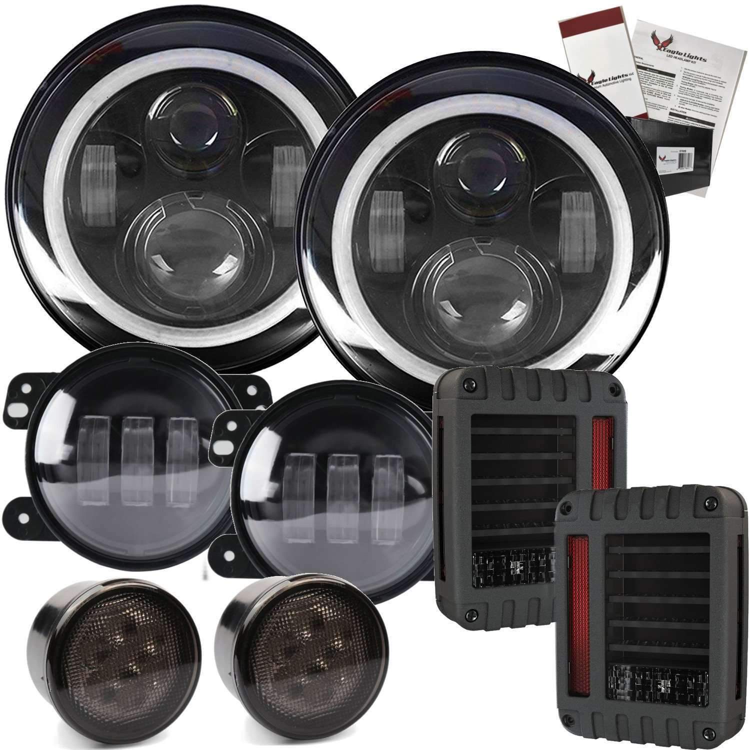 Eagle Lights 7 LED Headlight Kit for Jeep Wrangler & Gladiator - White LED Halo Rings, High Brightness, Plug & Play - Double Pack - Perfect for Off-Roading & Night Driving