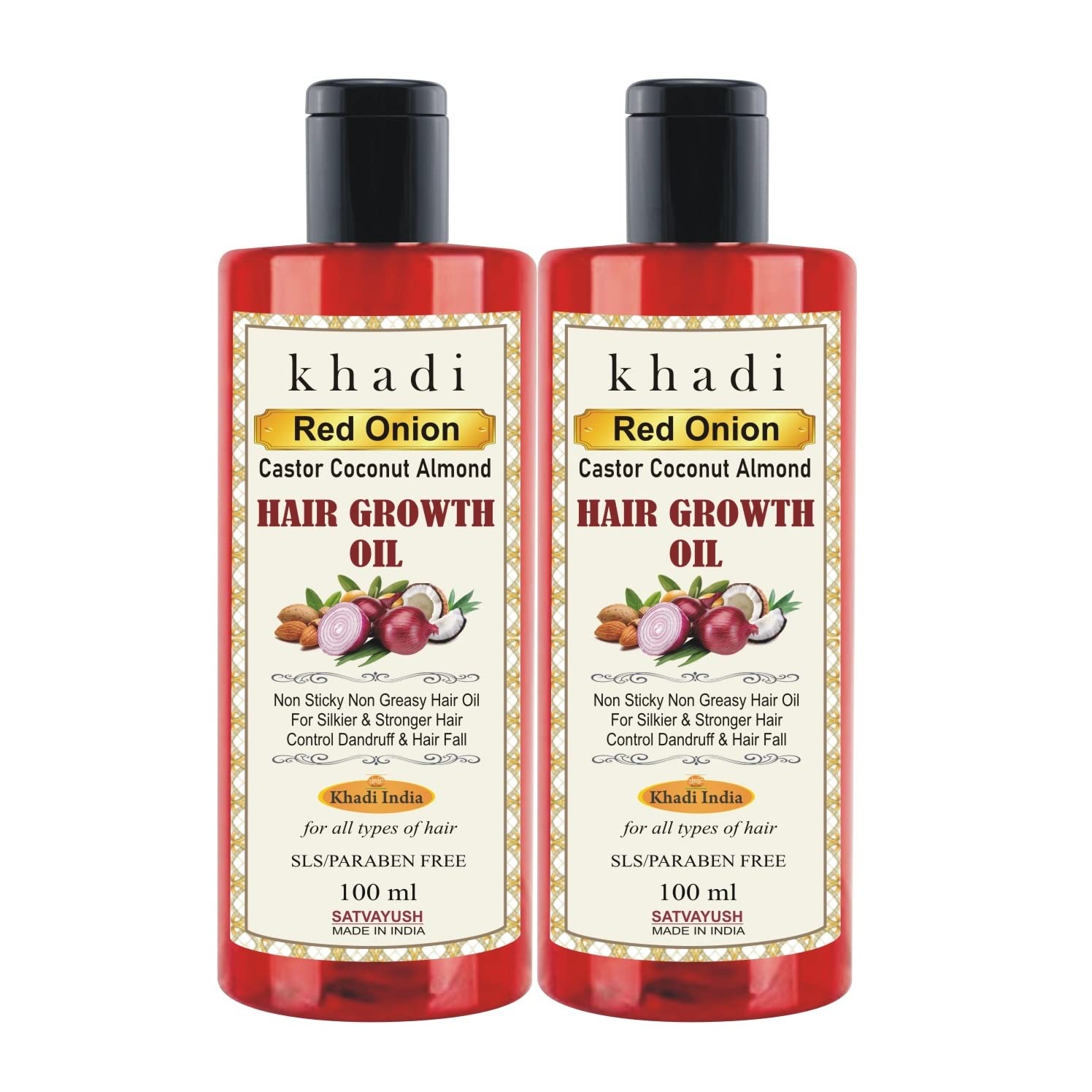 Satvayush Khadi Red Onion Hair Growth Oil with Castor, Coconut & Almond Extracts - 100ml (Pack of 2) | Promotes Hair Growth & Reduces Hair Fall | Perfect for Daily Hair Care & Scalp Massage