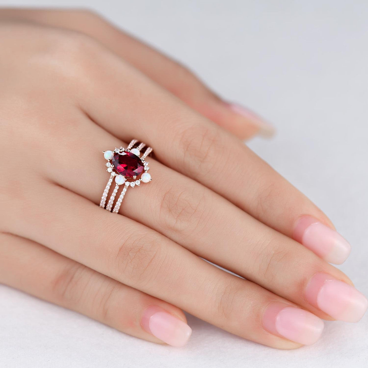 3 Piece Ruby Engagement Ring Set - Rose Gold Lab Ruby & Opal Bridal Jewelry - July Birthday Gift for Her - Perfect for Proposals, Anniversaries & Special Occasions