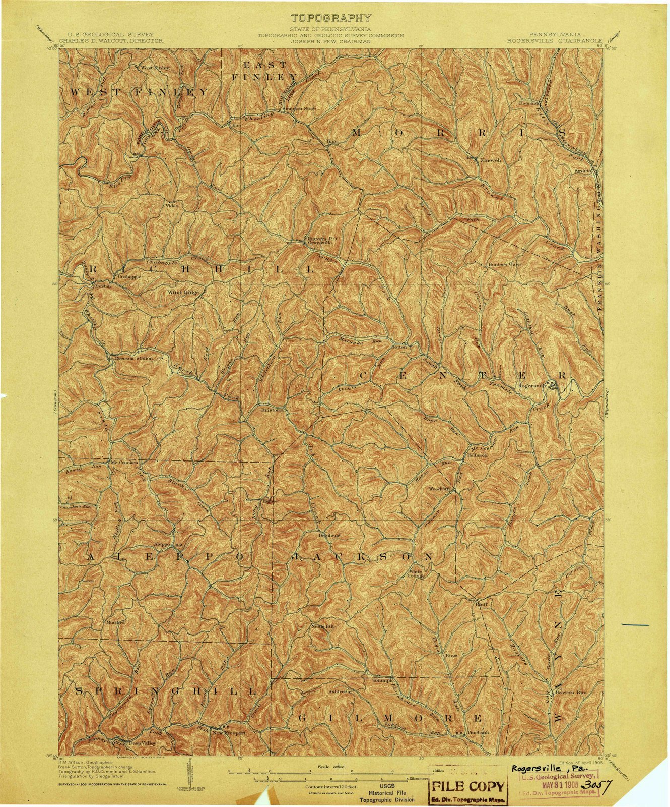 1905 Rogersville PA Historical Topographic Map - Large 44x53in USGS Wall Art Decor - Vintage Pennsylvania Maps for Home, Office & Classroom Decor