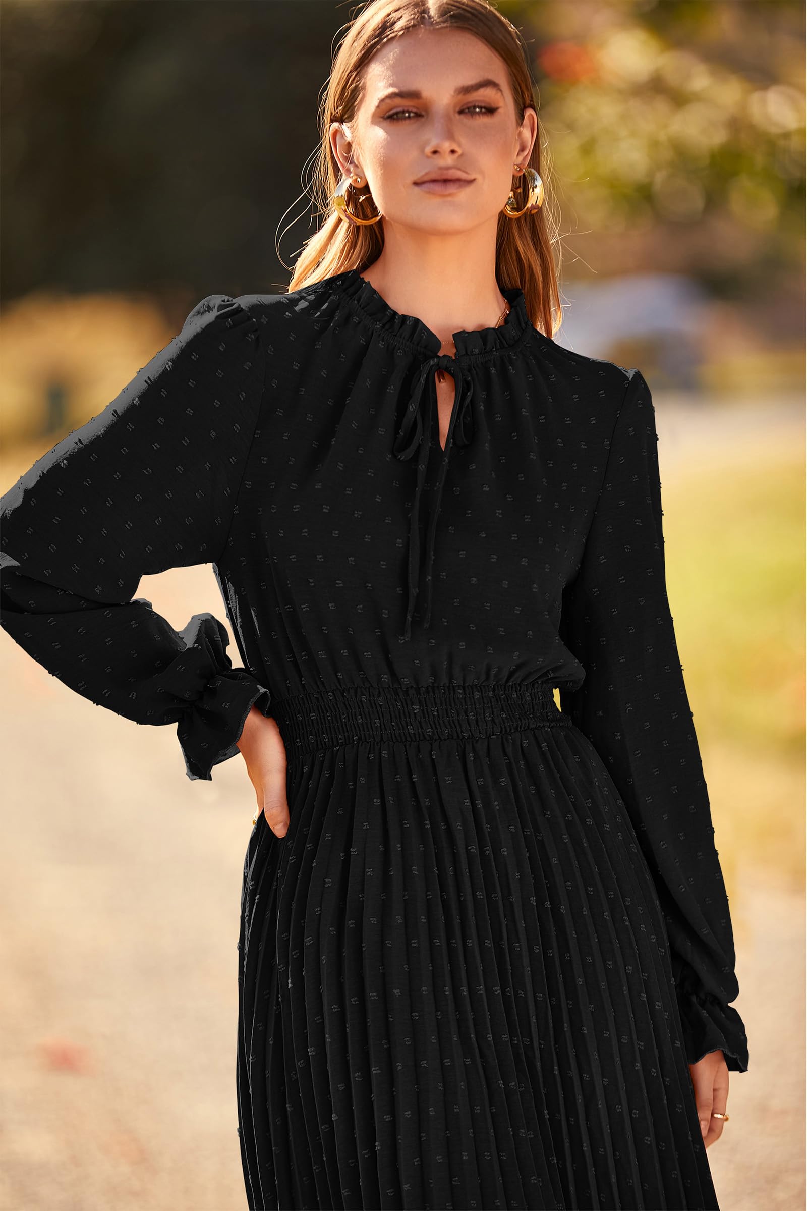PRETTYGARDEN Women's 2025 Spring Fall Casual Midi Dress - Long Sleeve V-Neck Swiss Dot Pleated A-Line Flowy Dress for Work, Date Night & Special Occasions