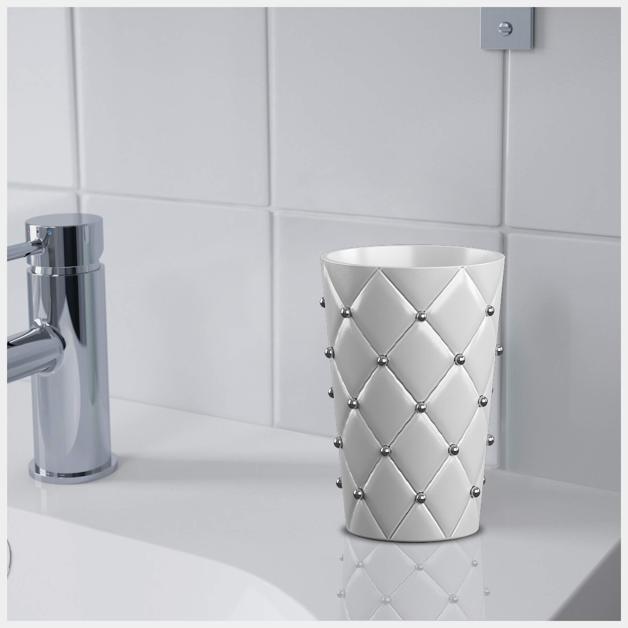 Premium 8-Piece Ceramic Bathroom Accessories Set - Elegant White/Silver Vanity Organizer with Soap Dispenser, Toothbrush Holder, Waste Basket & More | Perfect for Modern Bathrooms, Guest Suites & Spa-Style Decor