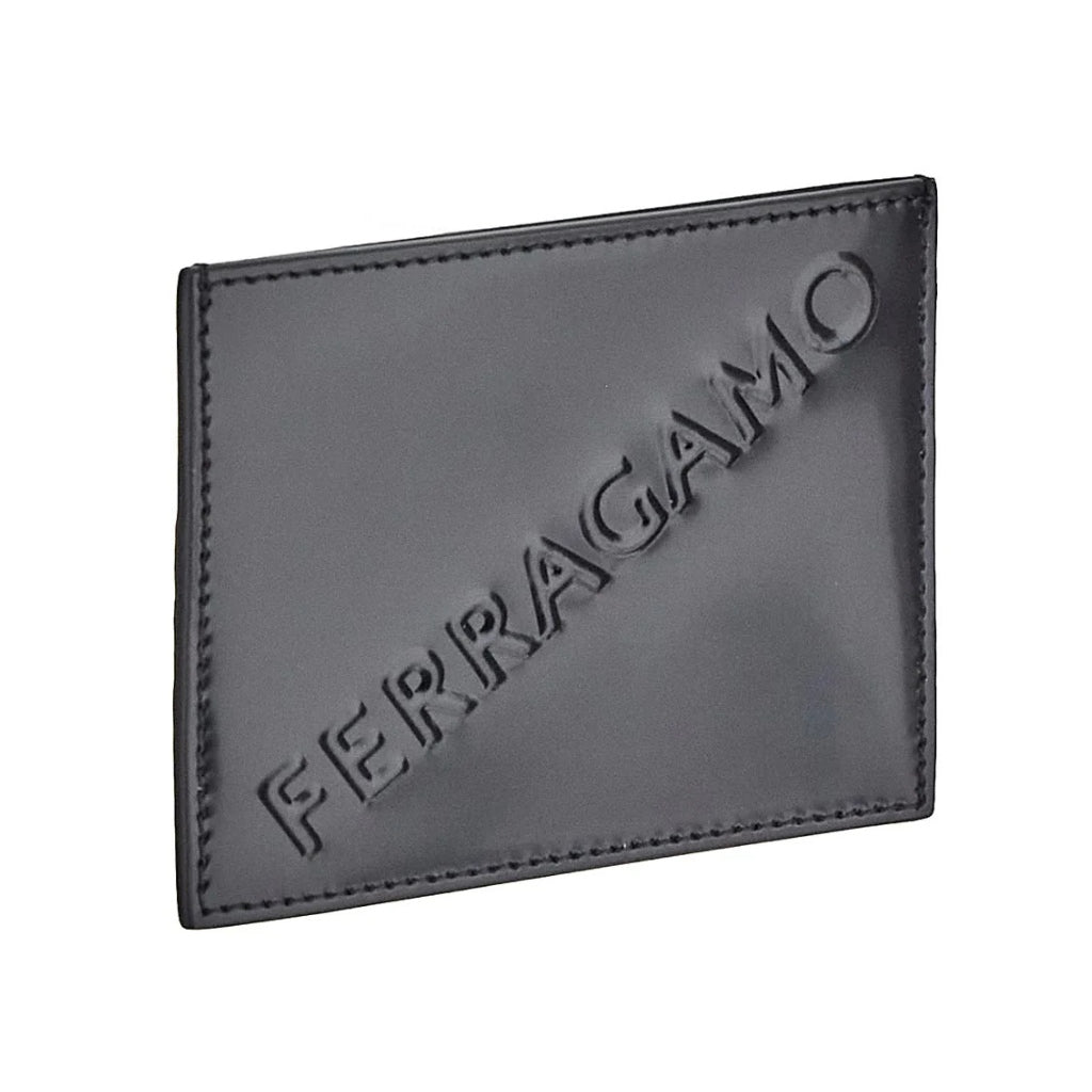 FERRAGAMO Men's Leather Card Holder Wallet - Slim RFID Blocking Black Card Case for Business & Travel