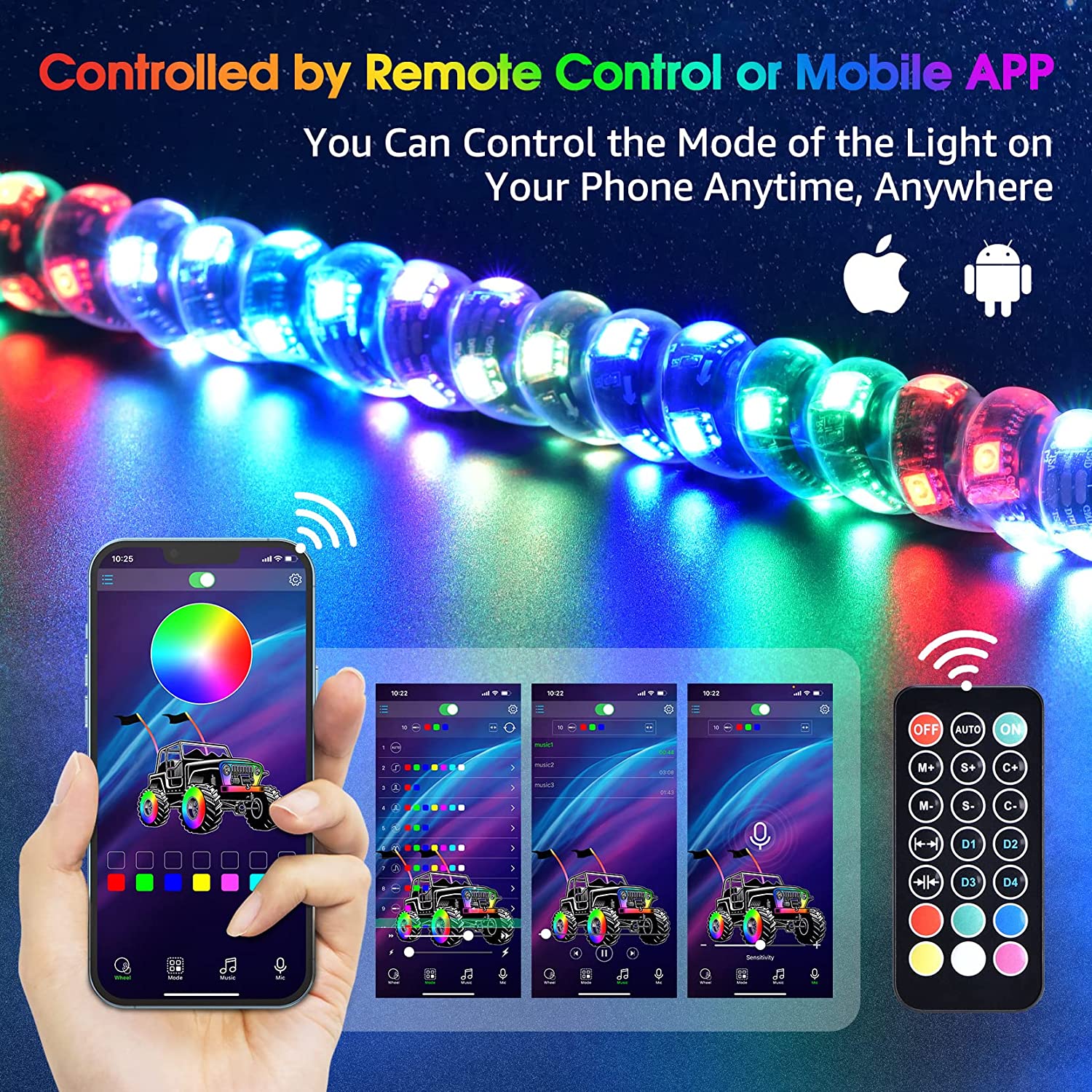 RGB LED Whip Lights with 300 Flash Patterns - Remote & APP Control, Spring Base Spiral Design for UTV, ATV, Off-Road Trucks, Sand Buggies, Dune RZR & Can-Am - Perfect for Night Rides, Desert Adventures & Off-Road Racing
