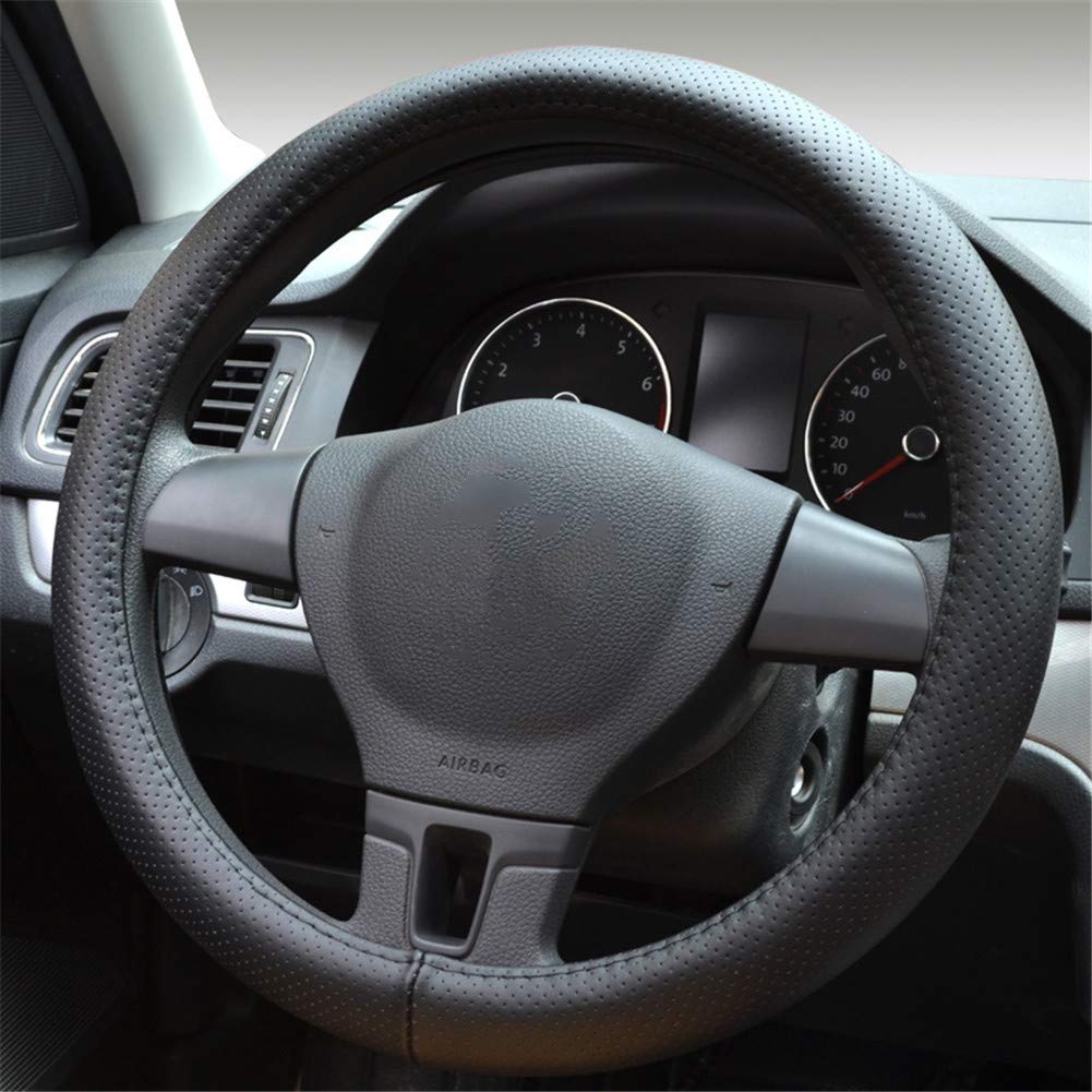 Premium Anti-Slip Steering Wheel Cover - Genuine Leather 14.6-15 Inch (37-38cm) - Black - Enhanced Grip & Comfort for Cars, Trucks & SUVs - Perfect for Daily Commute & Road Trips